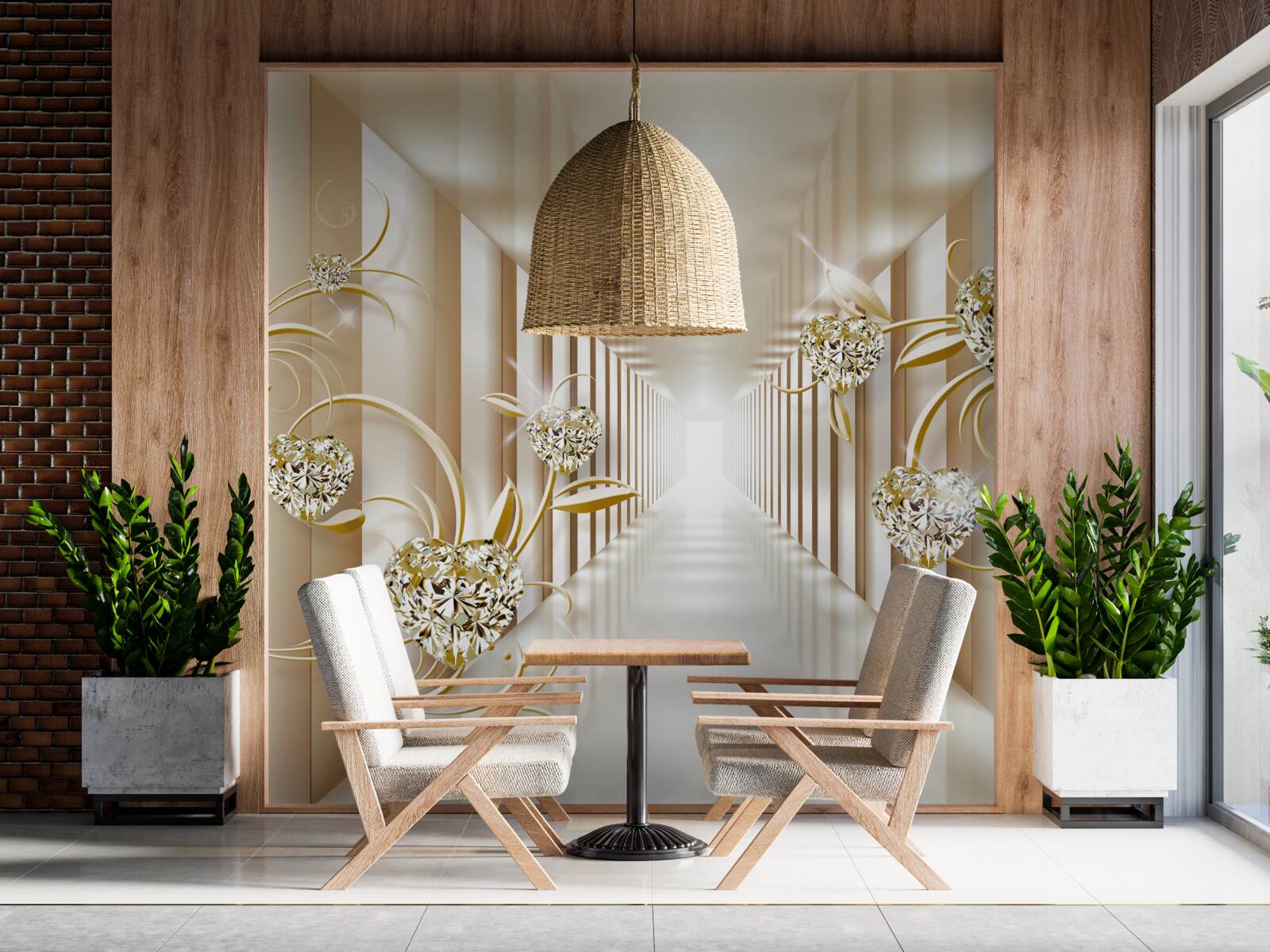 Фотошпалери абстрактний коридор, прикрашений золотими предметами