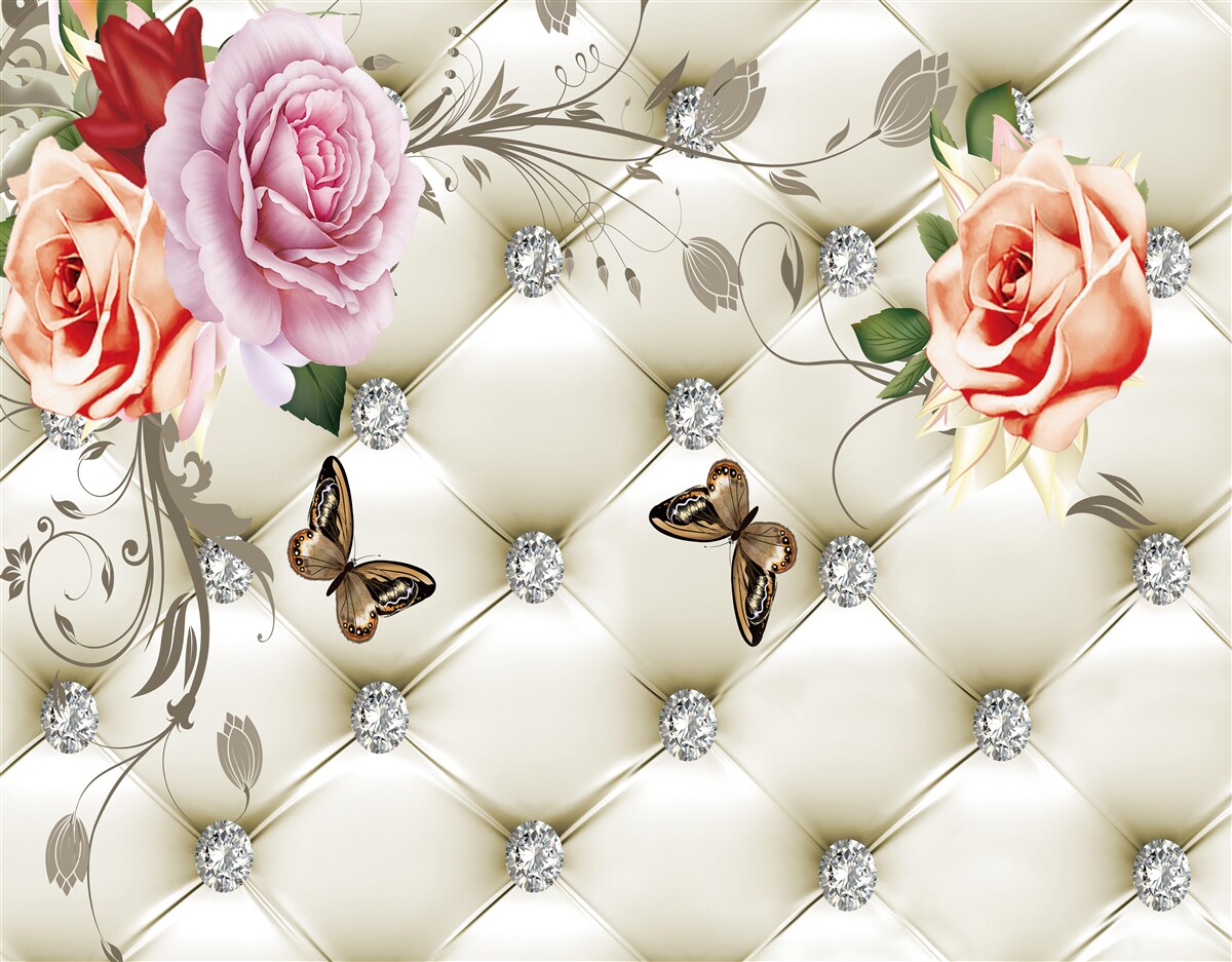 Фотошпалери тканинний декор у вигляді метеликів та троянд