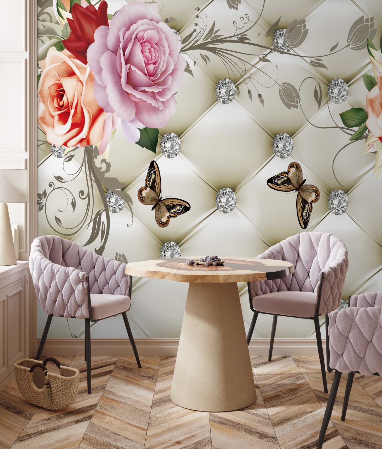 Фотошпалери тканинний декор у вигляді метеликів та троянд