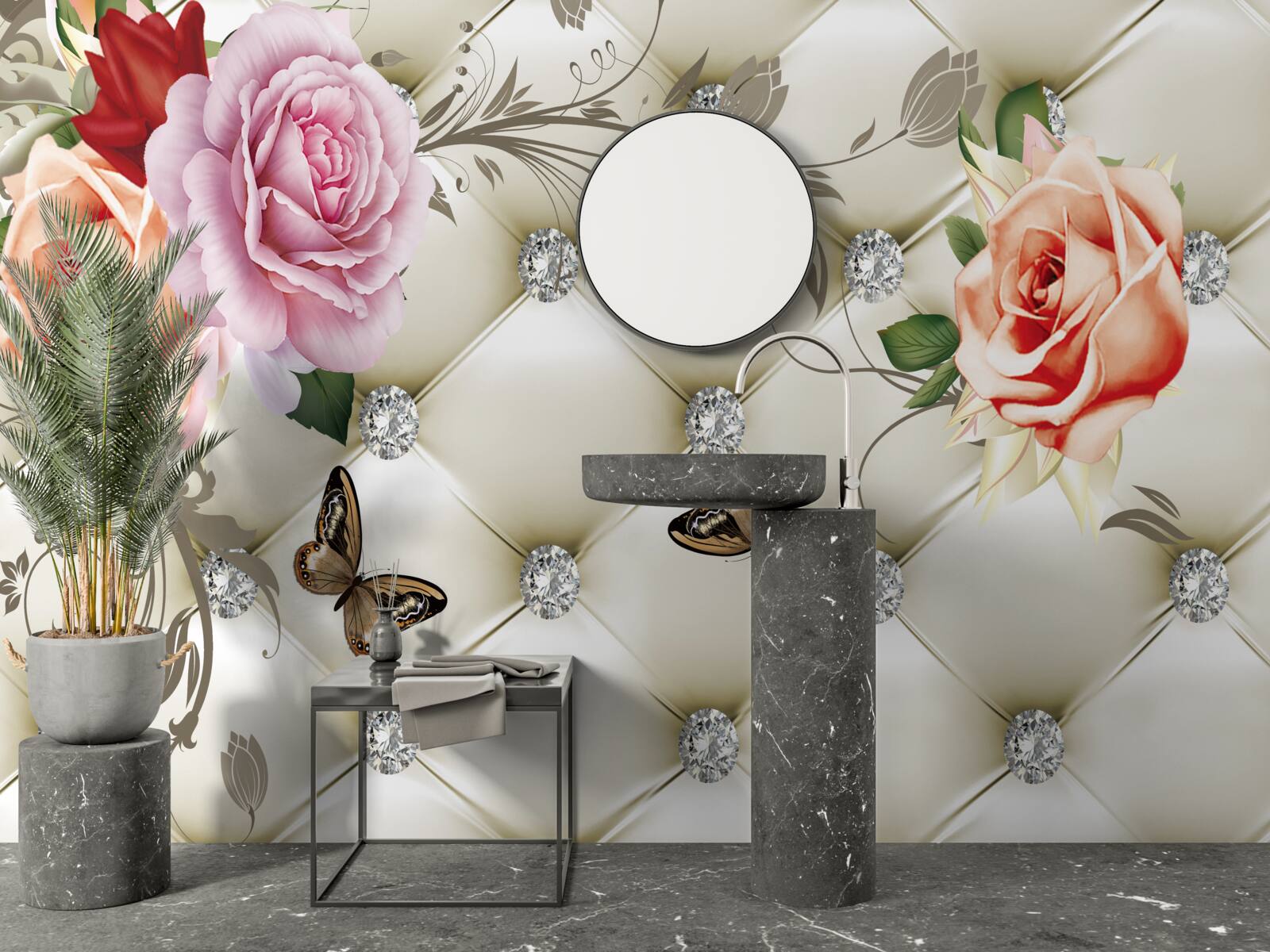 Фотошпалери тканинний декор у вигляді метеликів та троянд