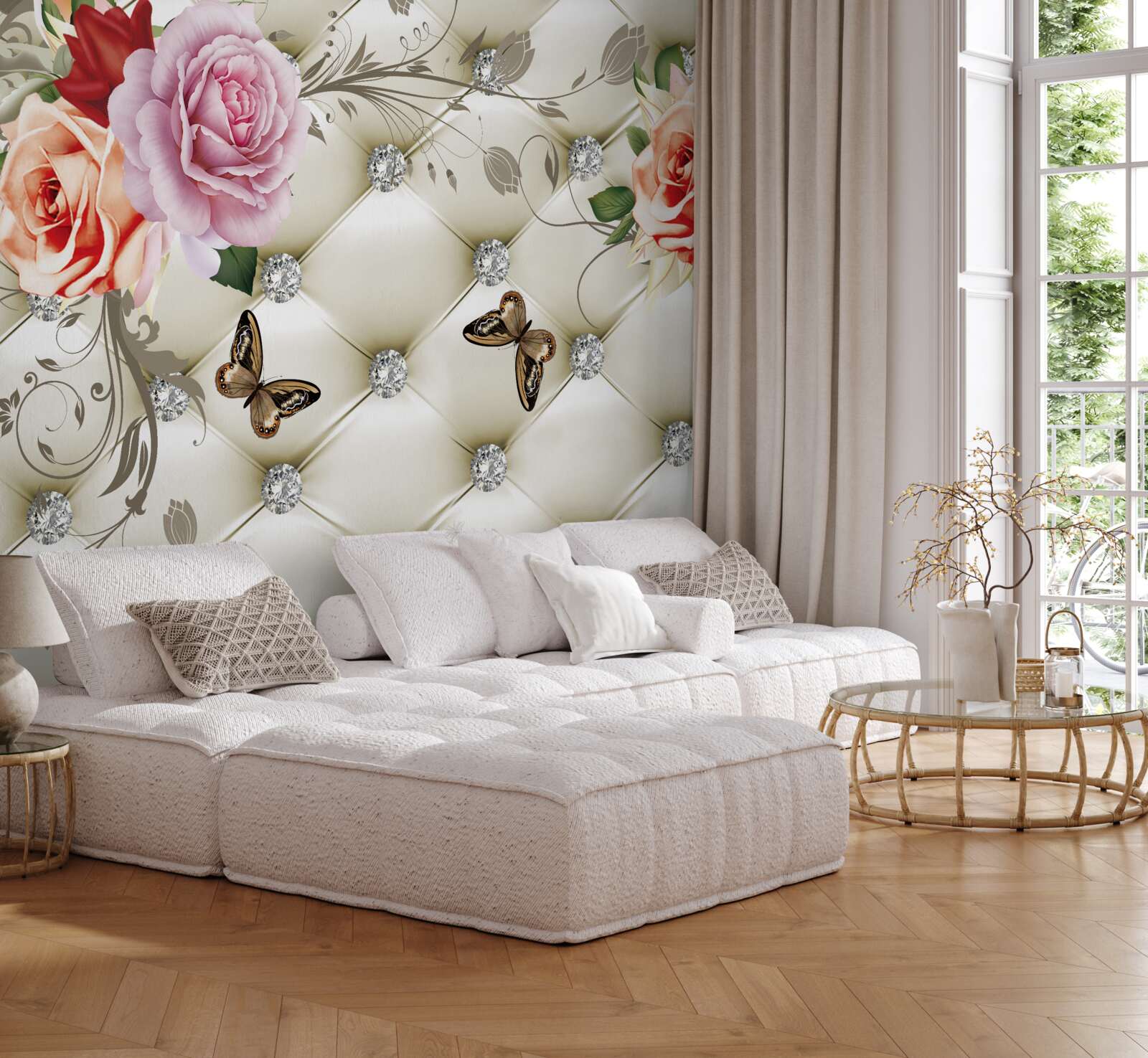 Фотошпалери тканинний декор у вигляді метеликів та троянд