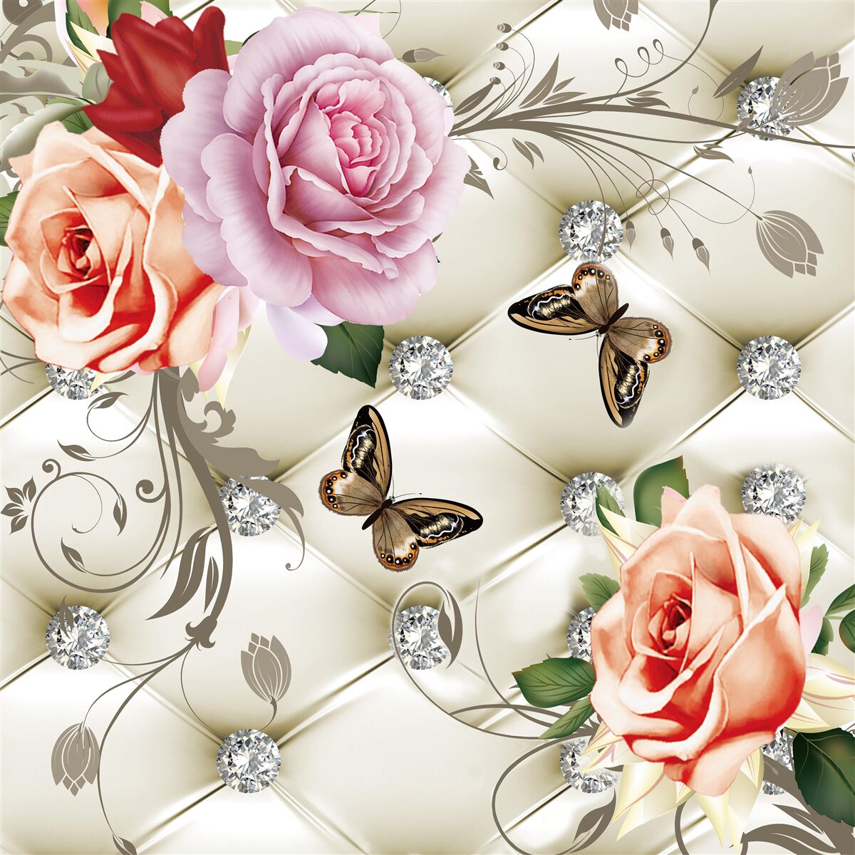 Фотошпалери перлинні троянди з яскравими метеликами на бутонах