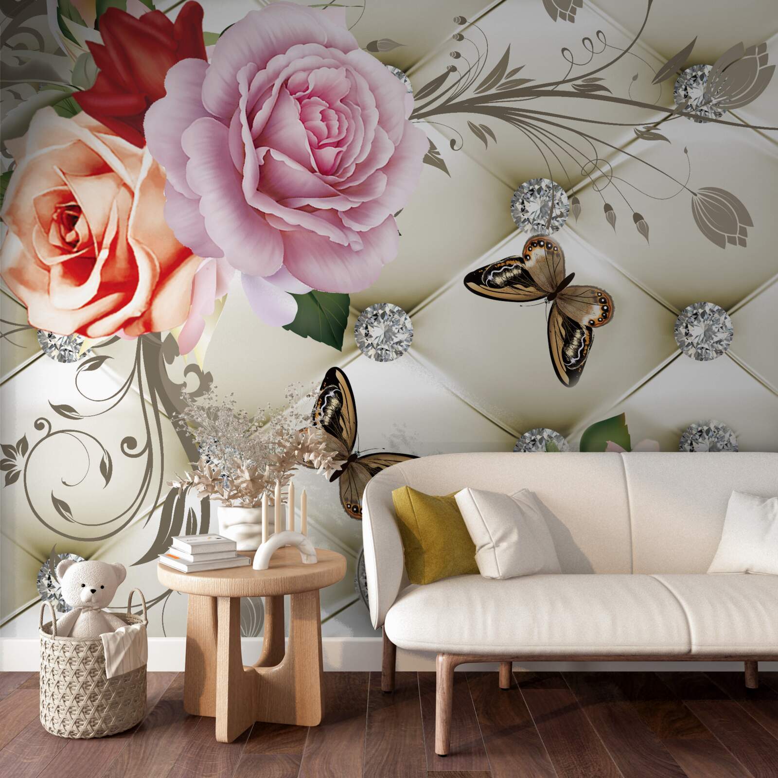 Фотошпалери перлинні троянди з яскравими метеликами на бутонах