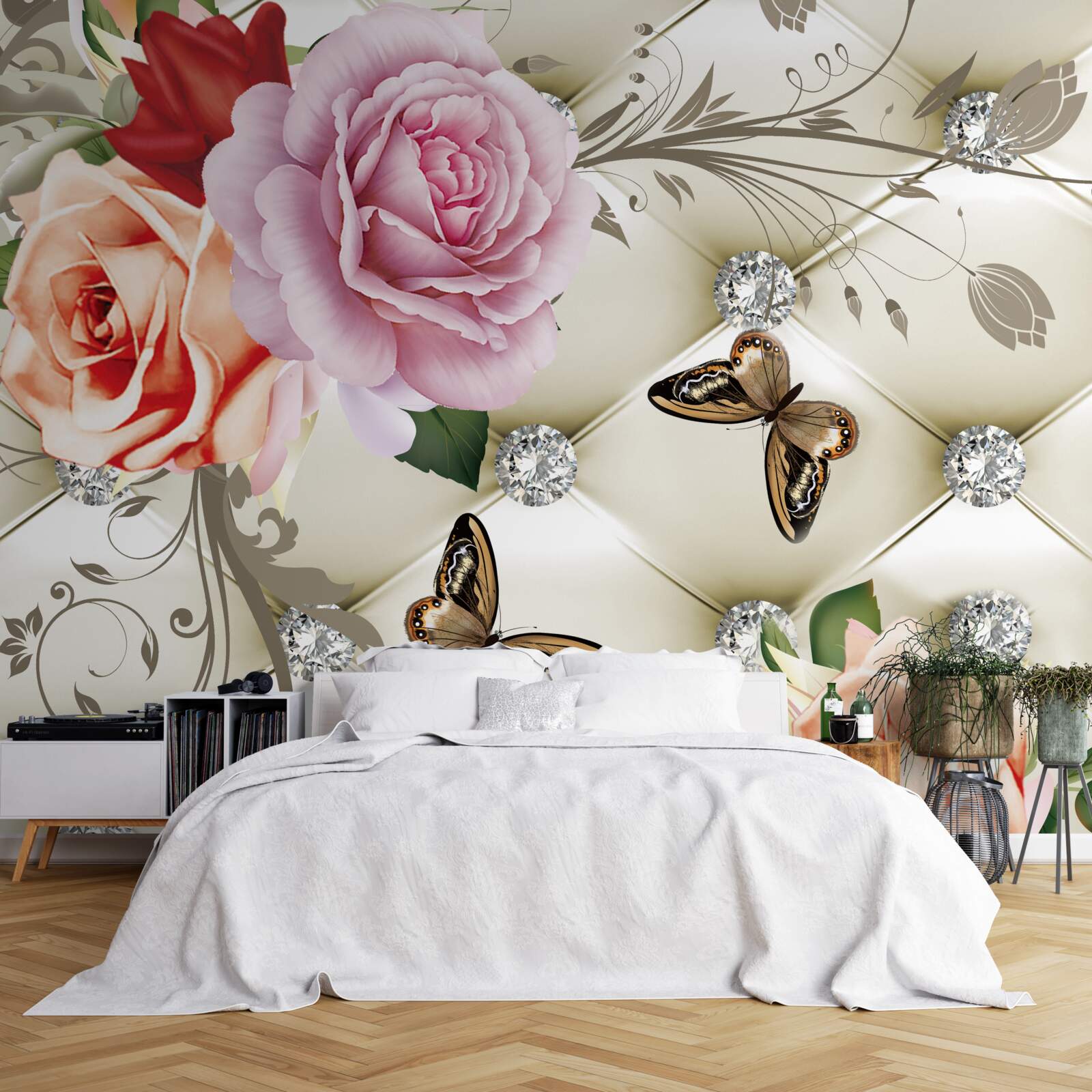 Фотошпалери перлинні троянди з яскравими метеликами на бутонах