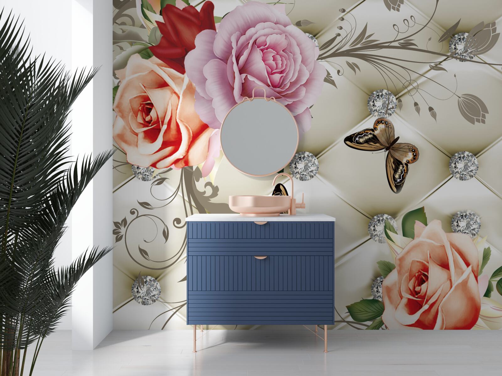 Фотошпалери перлинні троянди з яскравими метеликами на бутонах