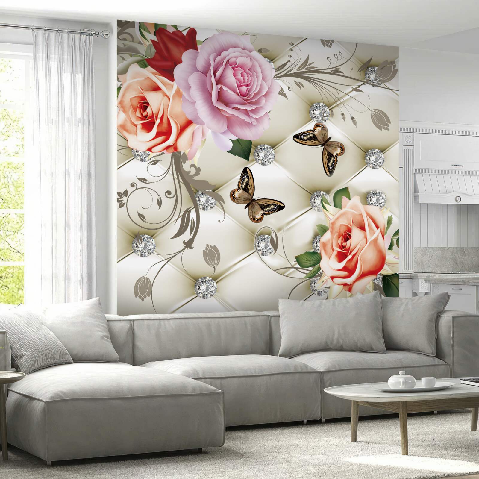 Фотошпалери перлинні троянди з яскравими метеликами на бутонах