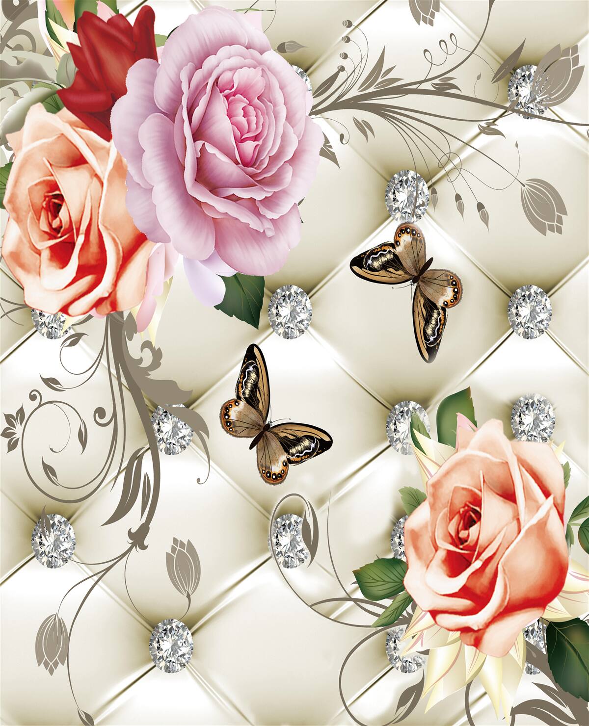 Фотошпалери абстрактне тло, прикрашене перлами, квітами та трояндами