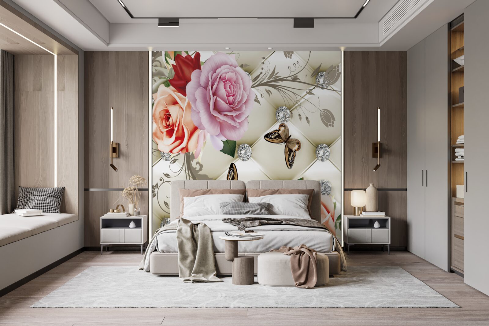 Фотошпалери абстрактне тло, прикрашене перлами, квітами та трояндами