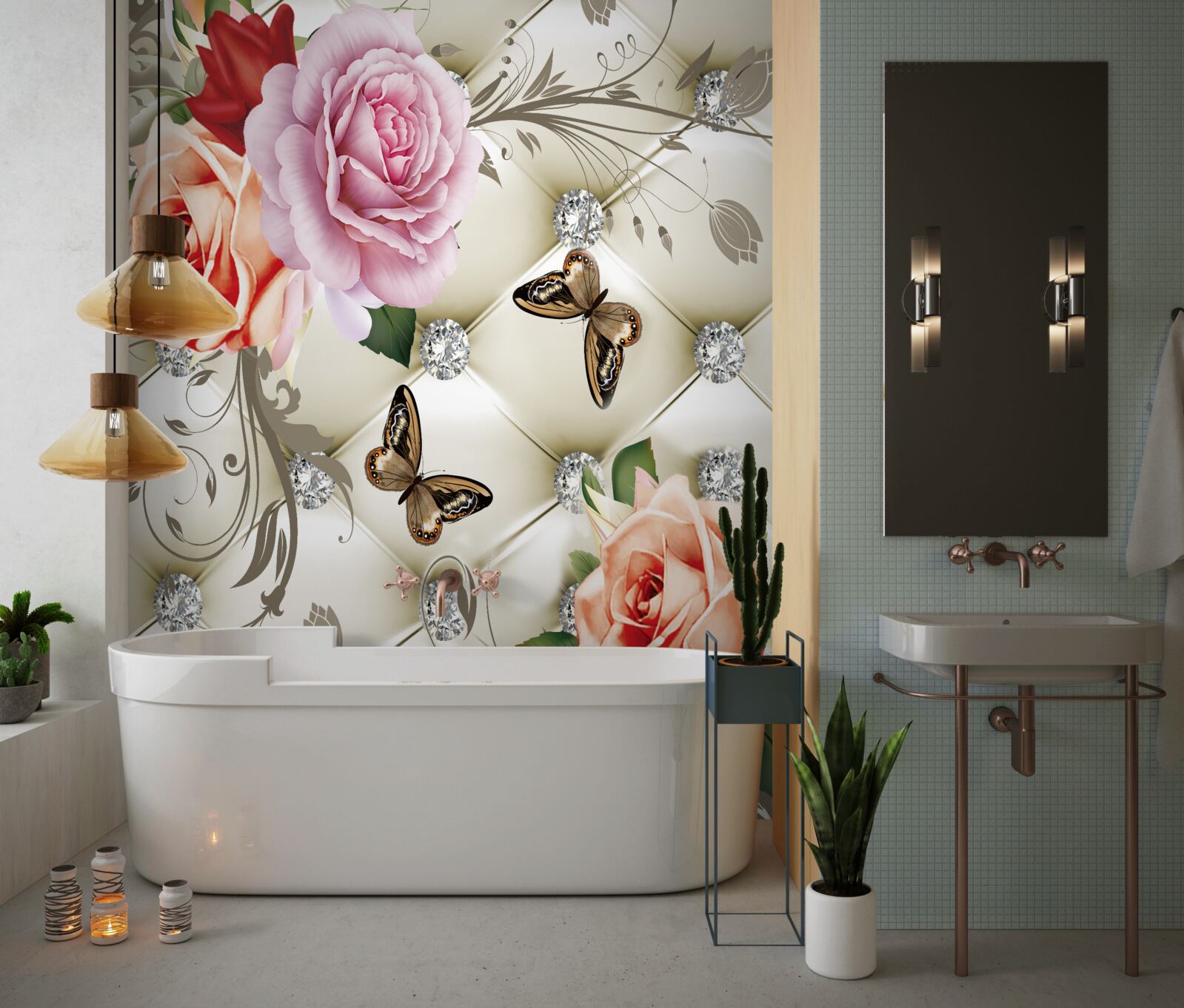 Фотошпалери абстрактне тло, прикрашене перлами, квітами та трояндами