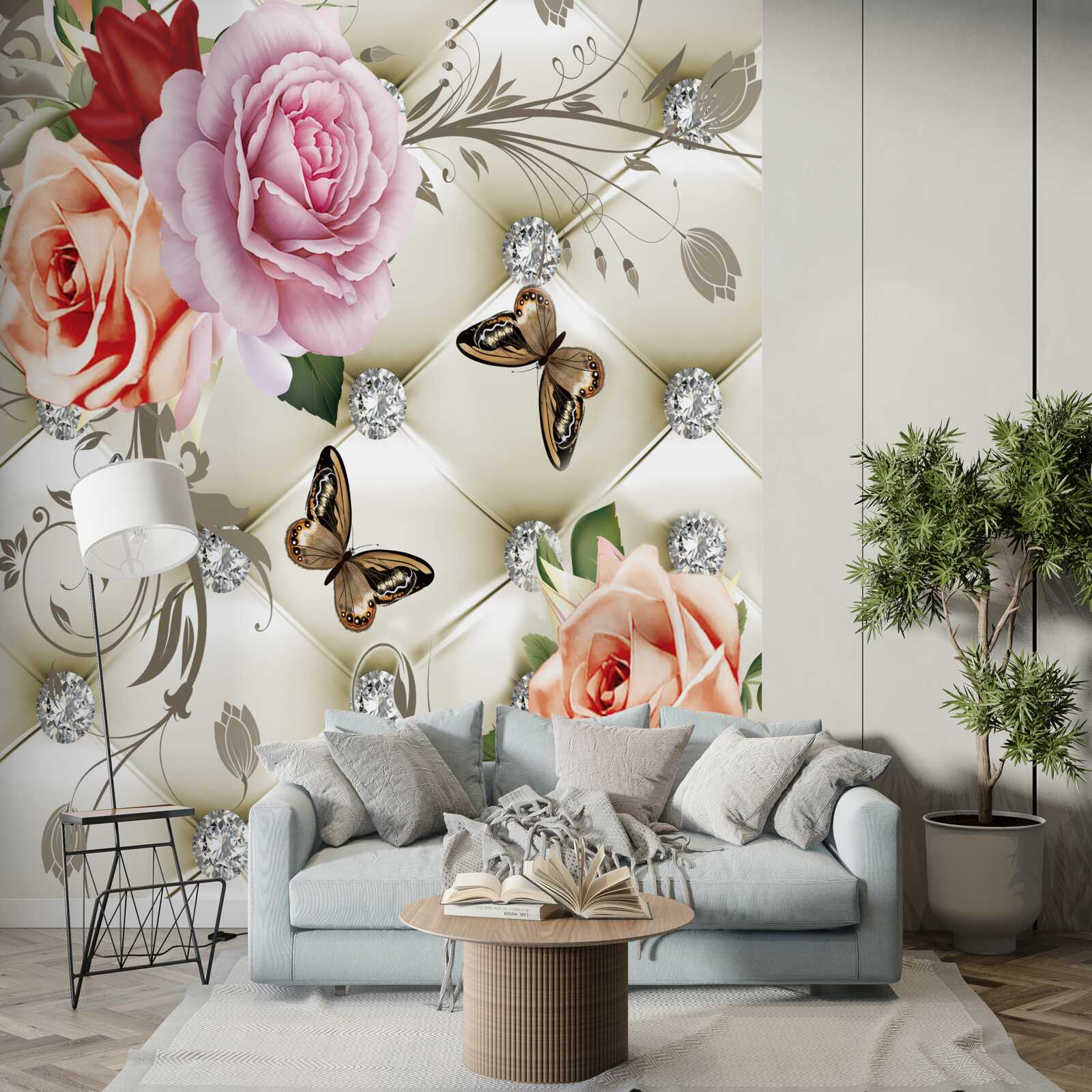 Фотошпалери абстрактне тло, прикрашене перлами, квітами та трояндами