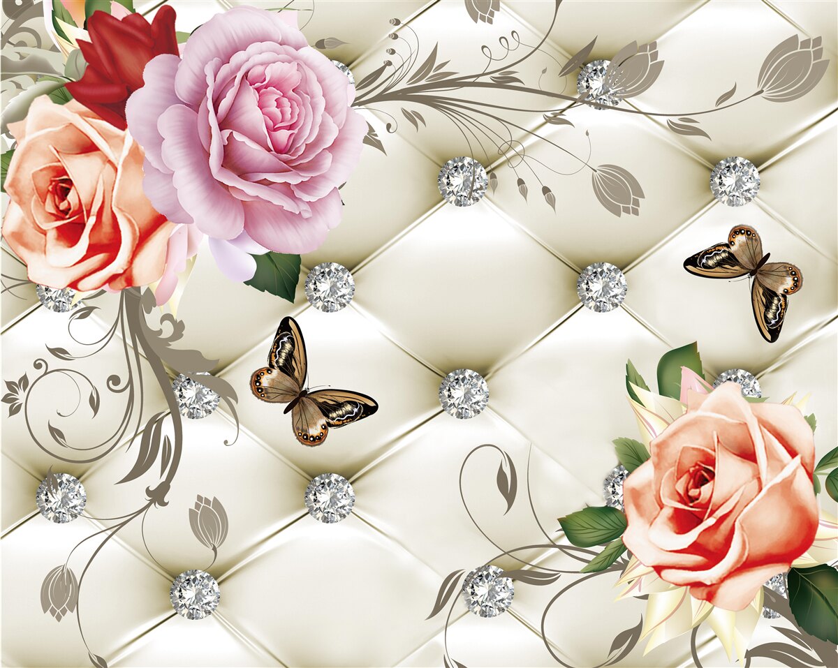 Фотошпалери персикові та фіолетові троянди з метеликами