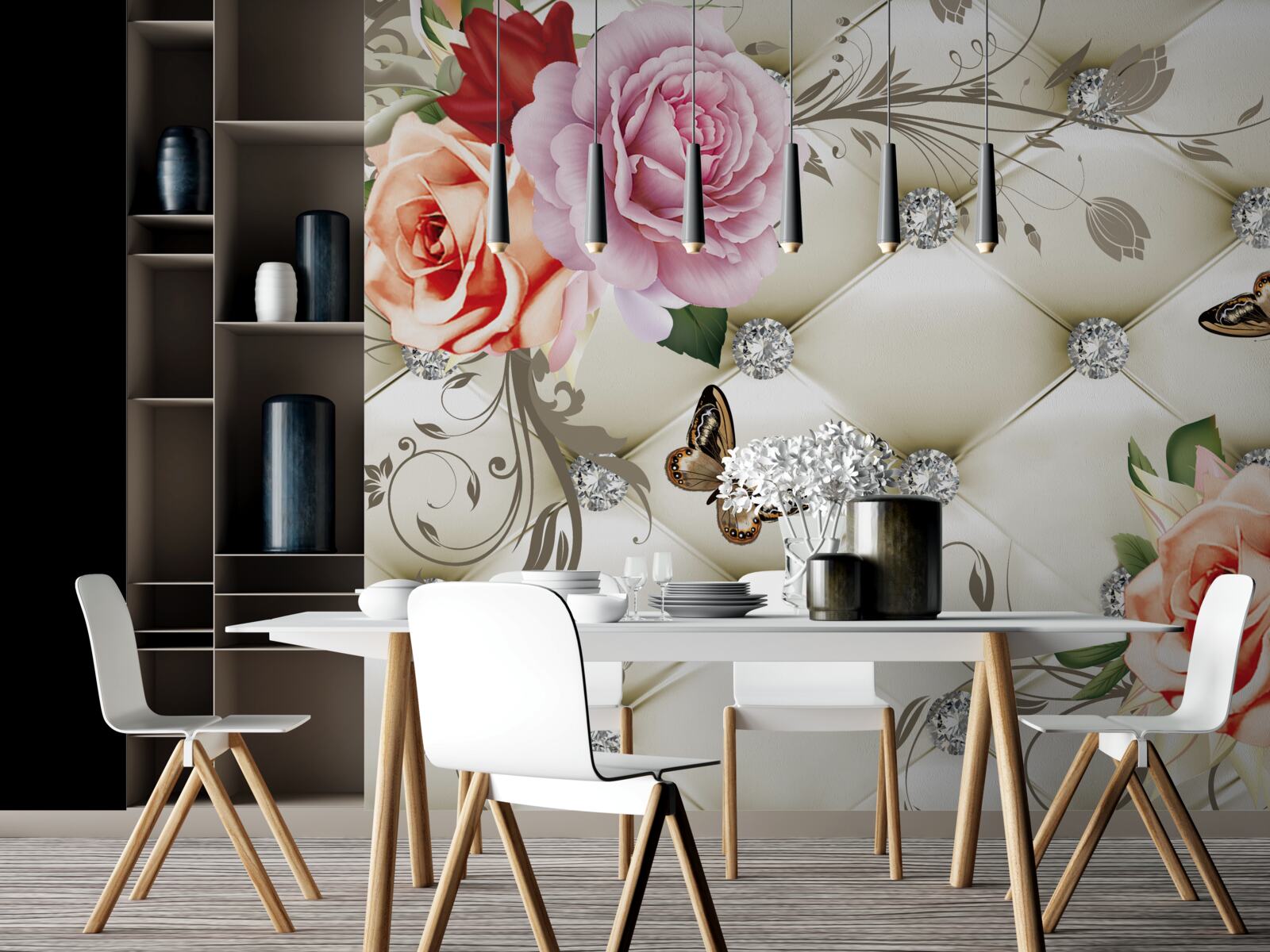 Фотошпалери персикові та фіолетові троянди з метеликами