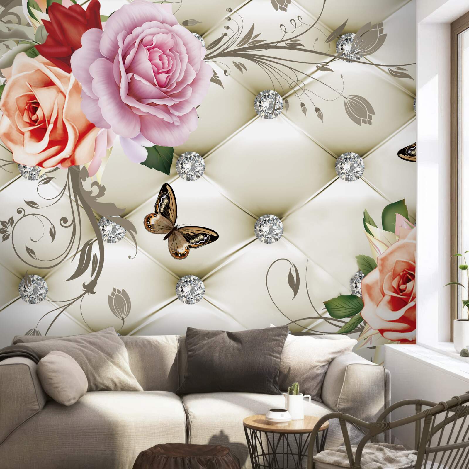 Фотошпалери персикові та фіолетові троянди з метеликами