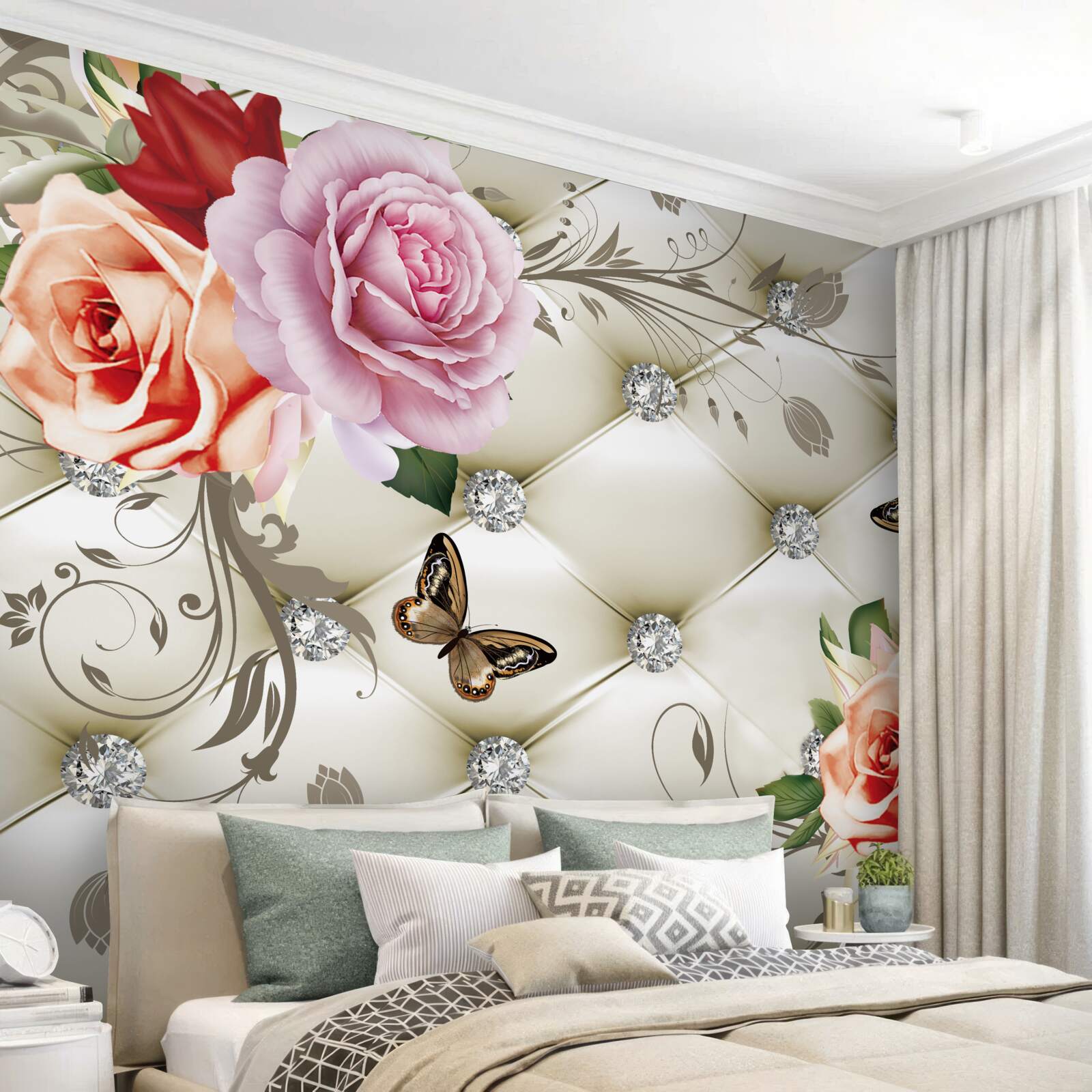 Фотошпалери персикові та фіолетові троянди з метеликами
