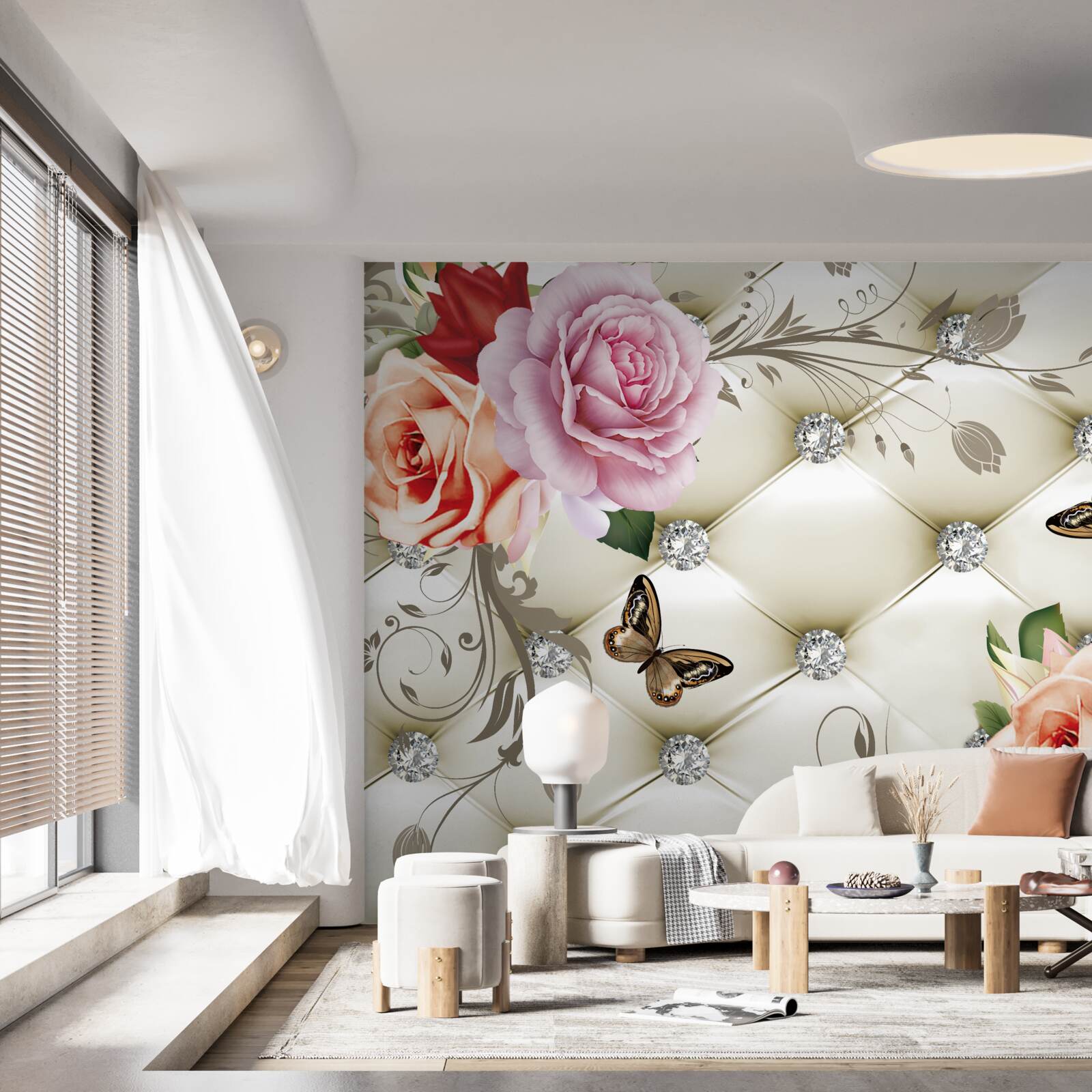 Фотошпалери персикові та фіолетові троянди з метеликами