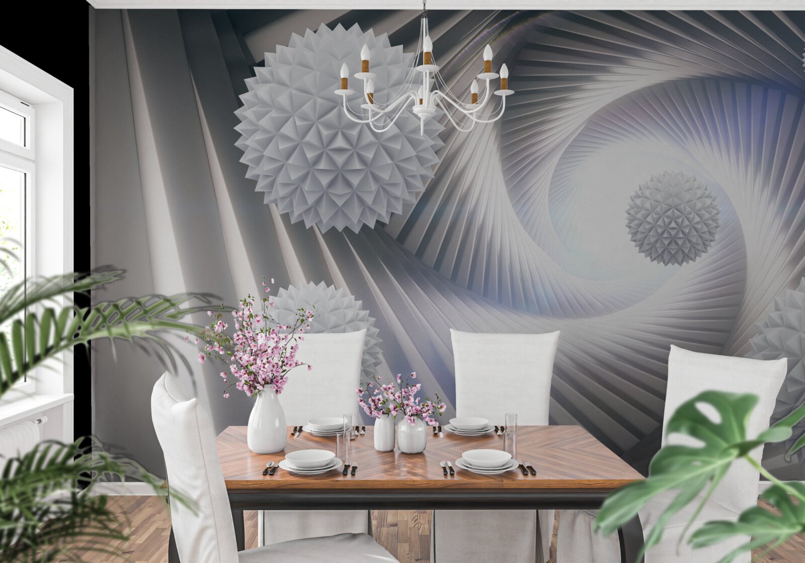 Фотошпалери мереживний вихор ступінчастих білих кульок