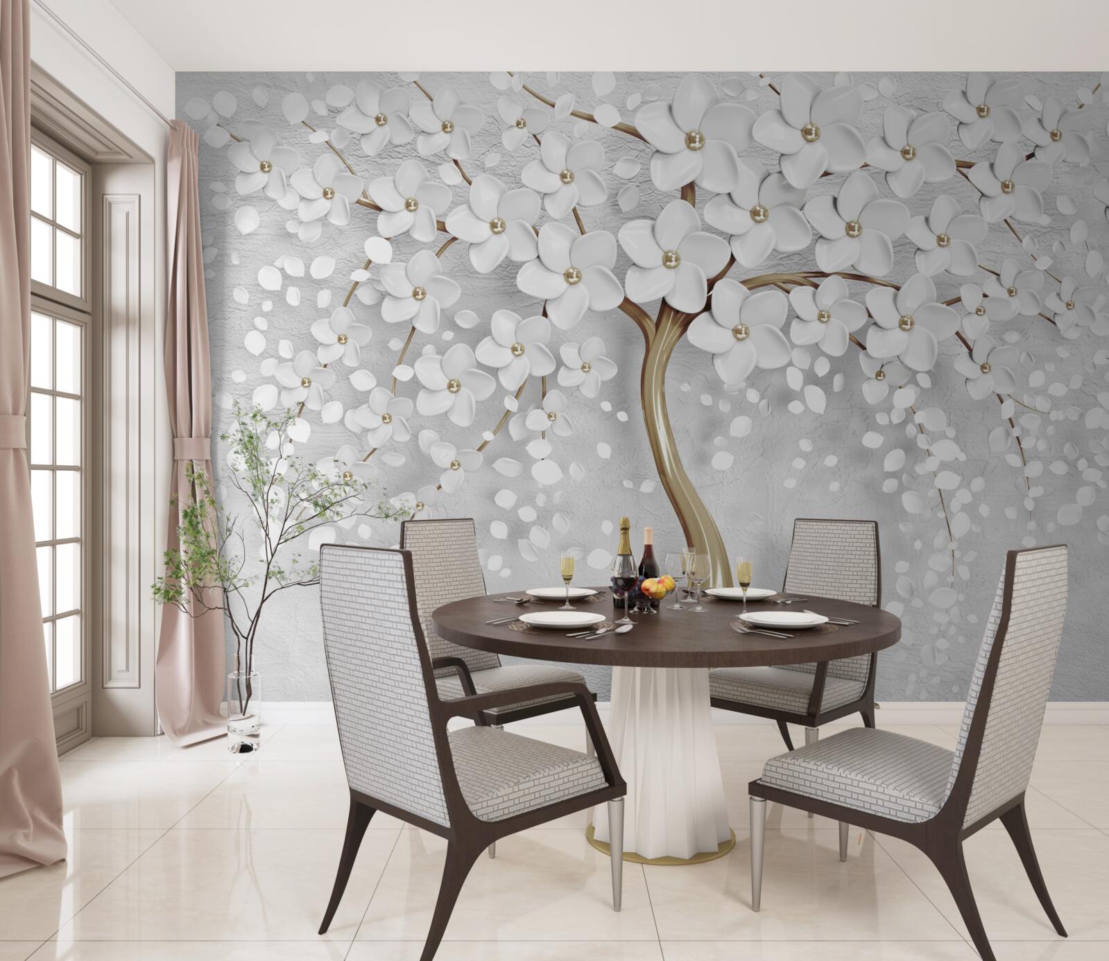 Фотошпалери білі та бузкові квіти на зрілому дереві