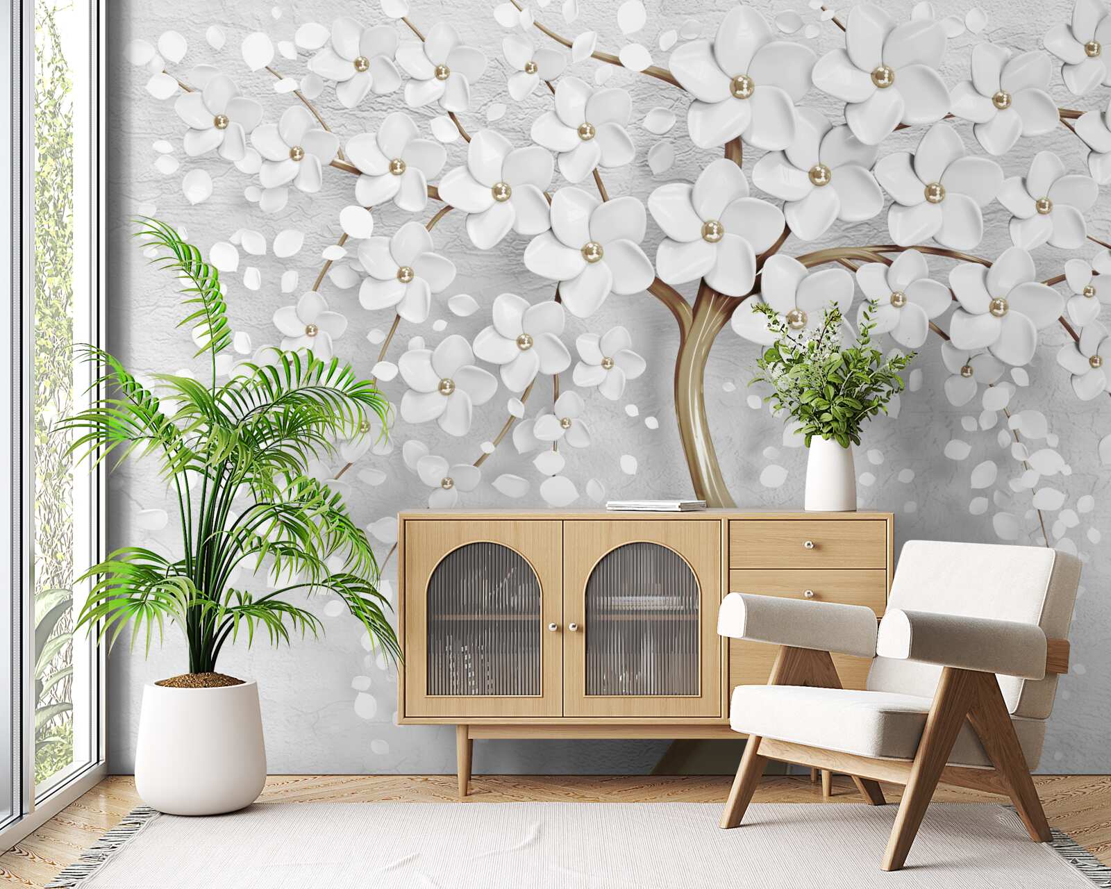 Фотошпалери білі та бузкові квіти на зрілому дереві