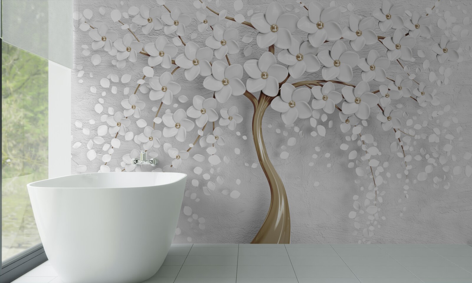 Фотошпалери білі та бузкові квіти на зрілому дереві