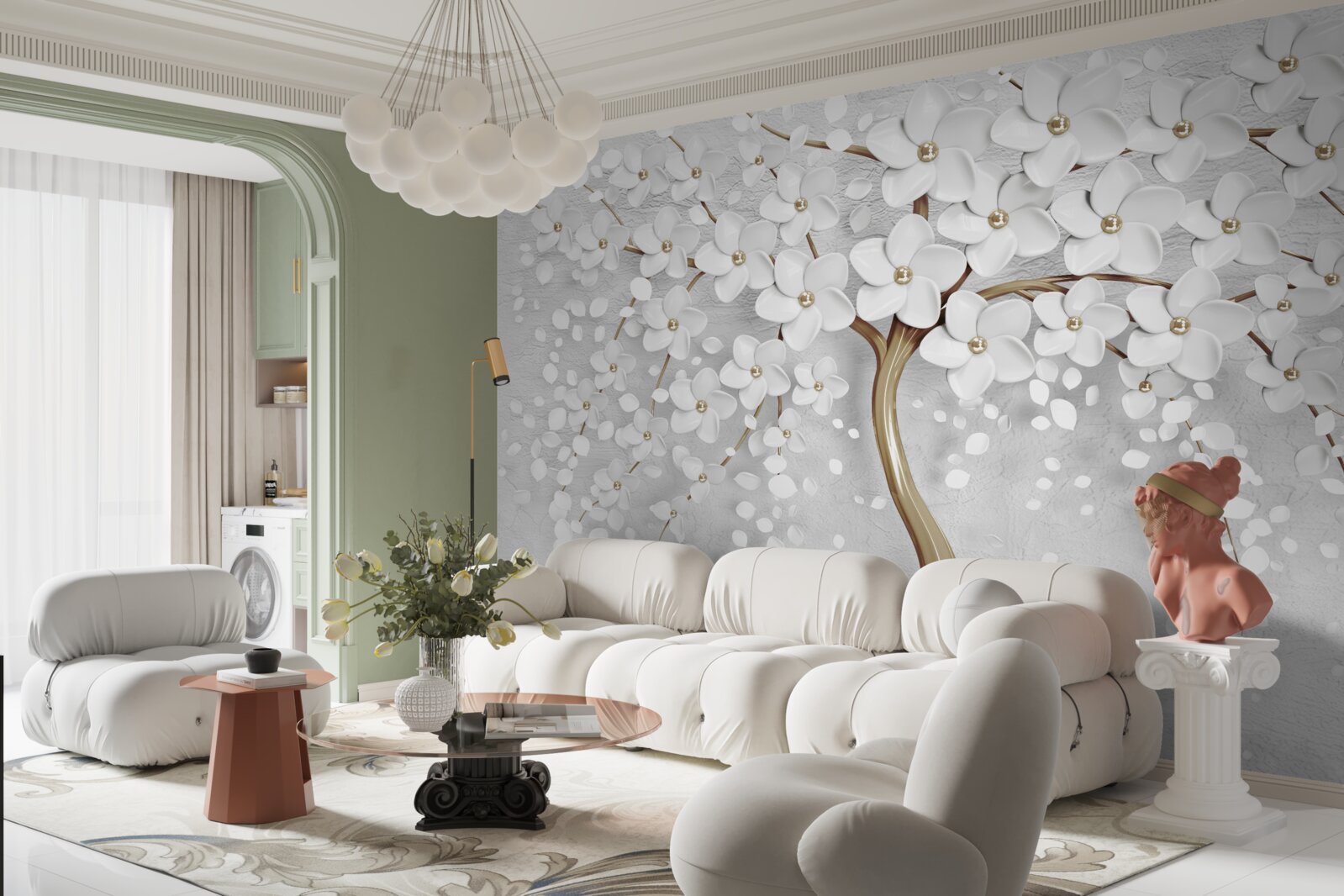 Фотошпалери білі та бузкові квіти на зрілому дереві