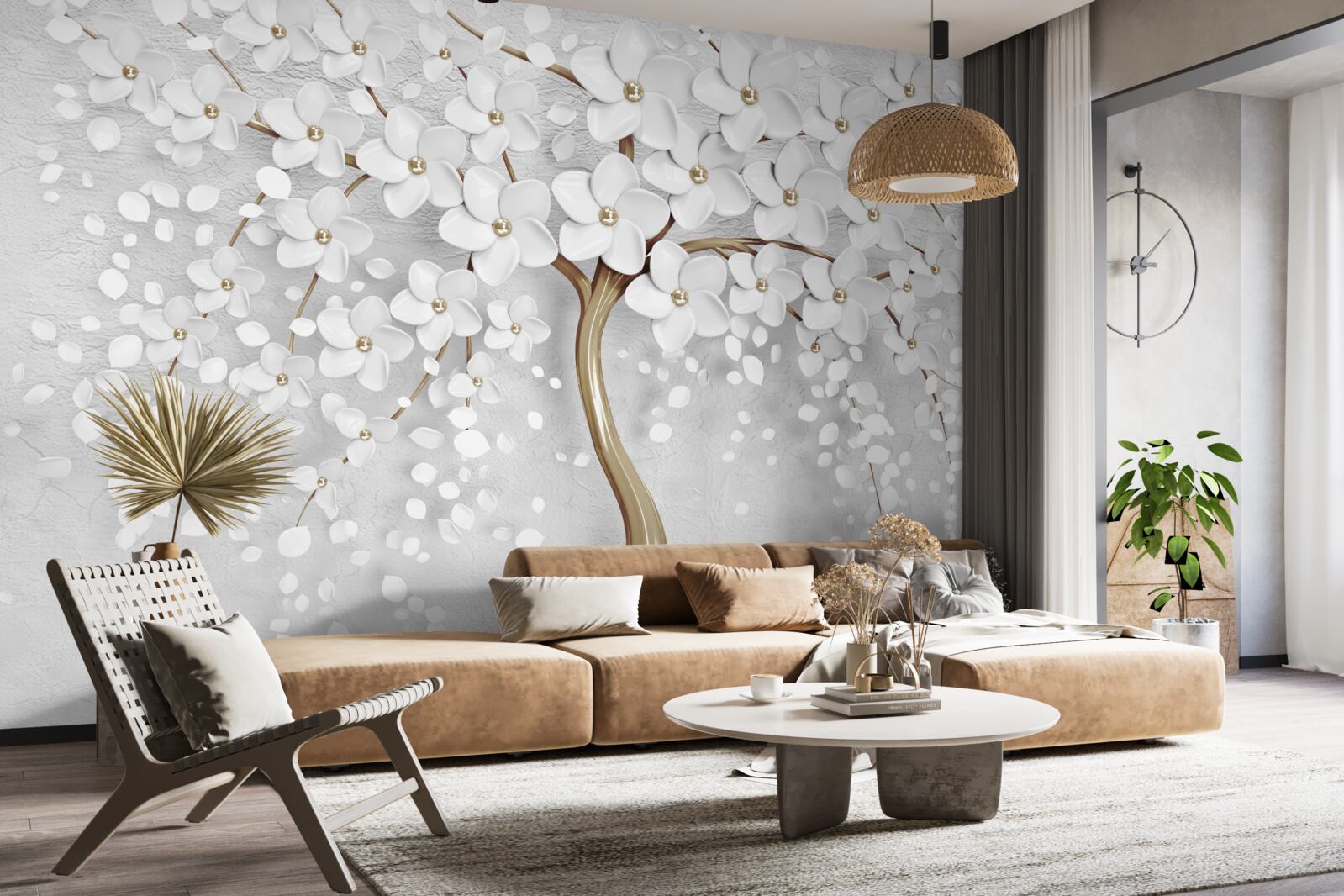 Фотошпалери білі та бузкові квіти на зрілому дереві