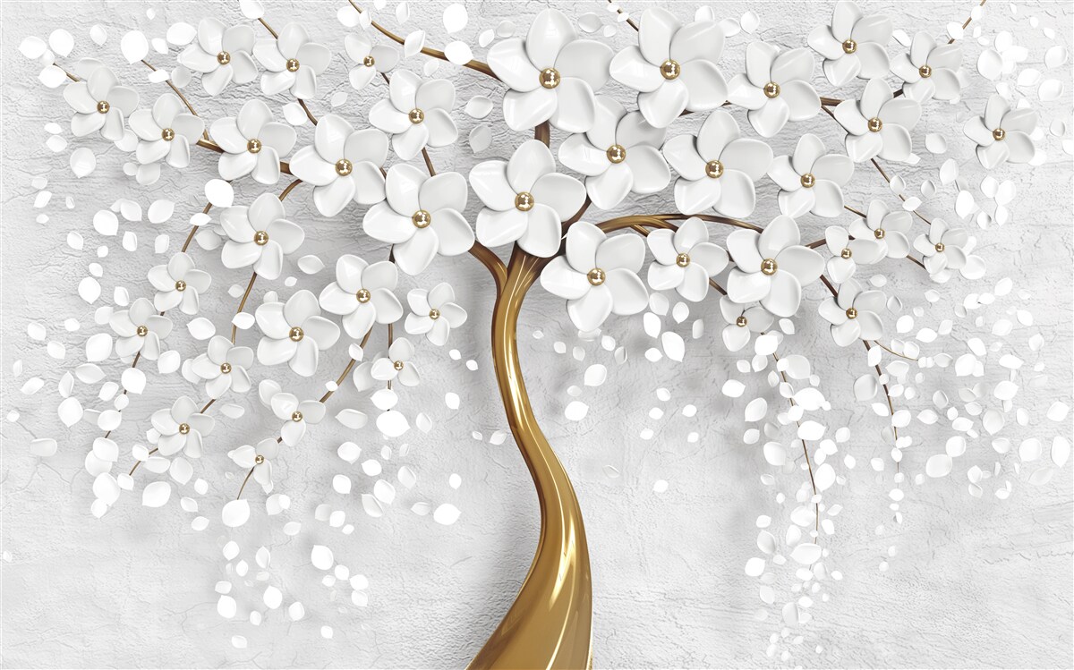 Фотошпалери дерево з білими квітами і струнким стовбуром