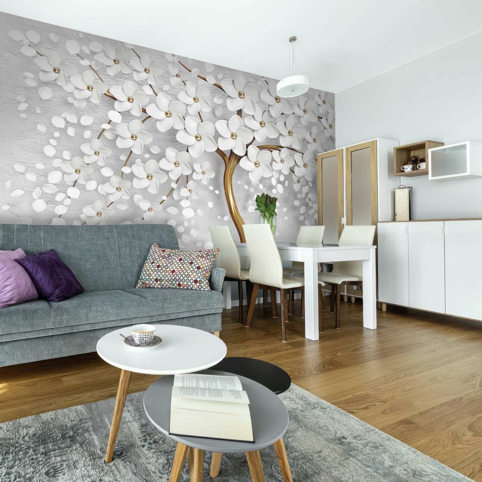 Фотошпалери дерево з білими квітами і струнким стовбуром