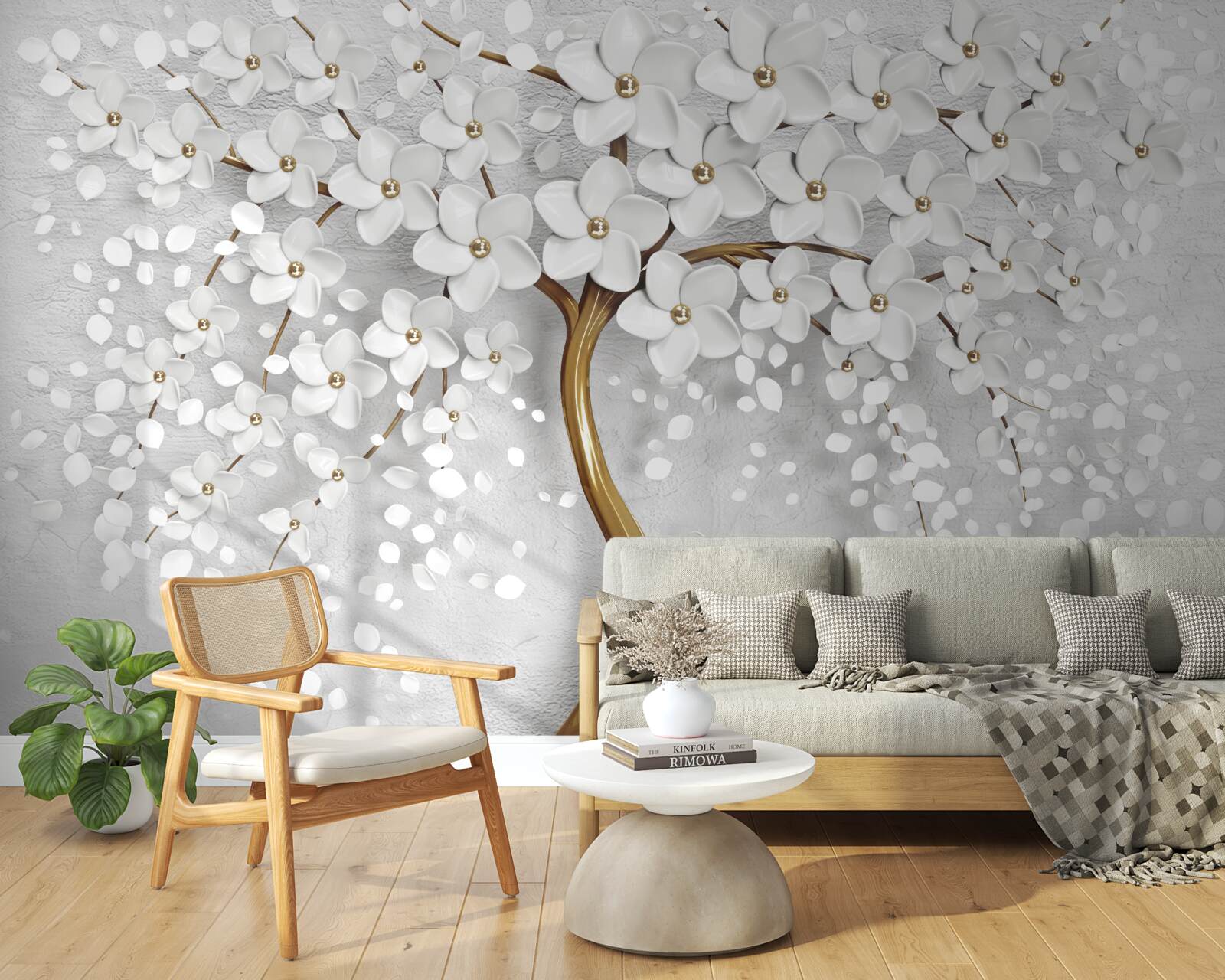 Фотошпалери дерево з білими квітами і струнким стовбуром