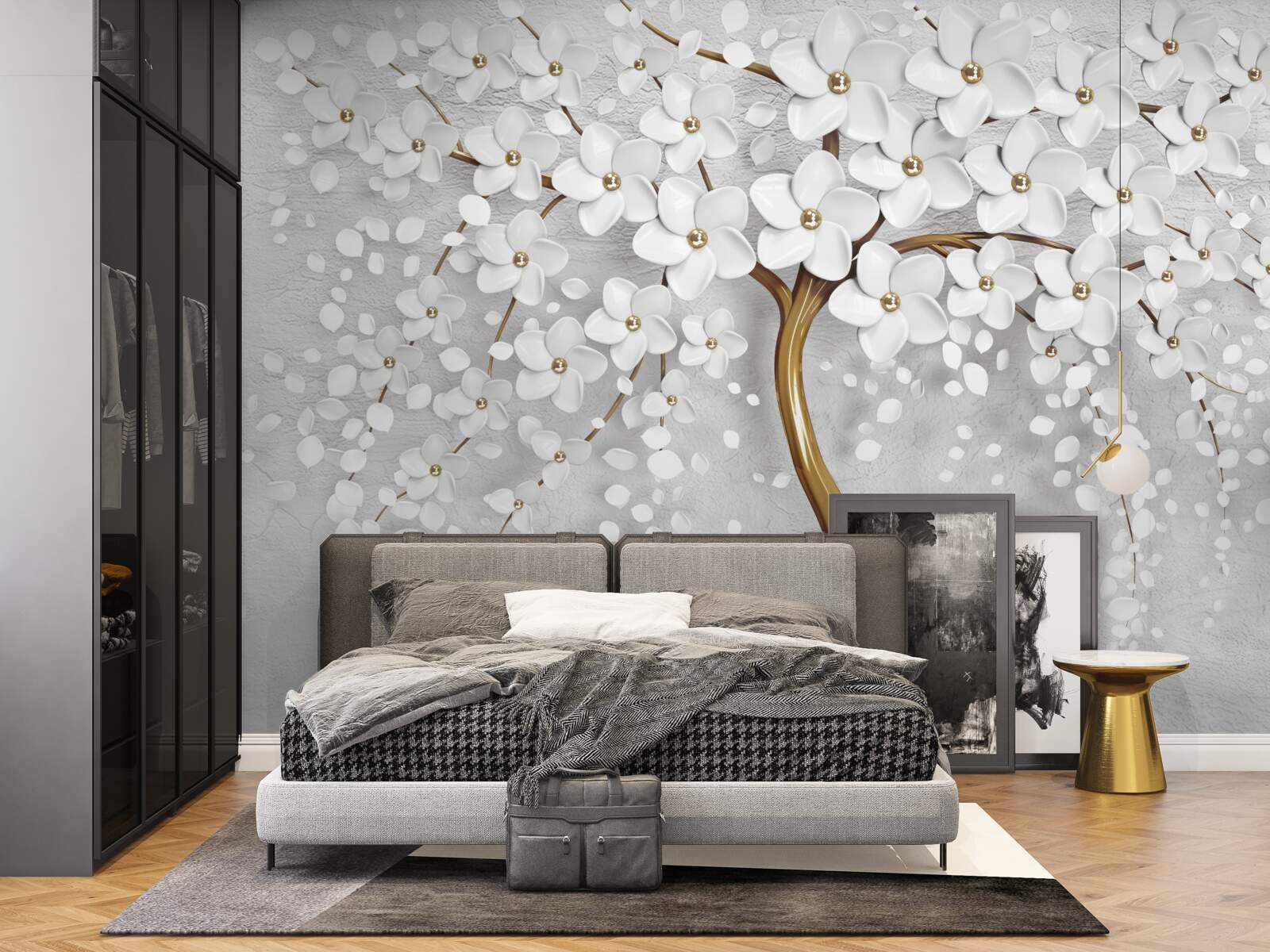 Фотошпалери дерево з білими квітами і струнким стовбуром