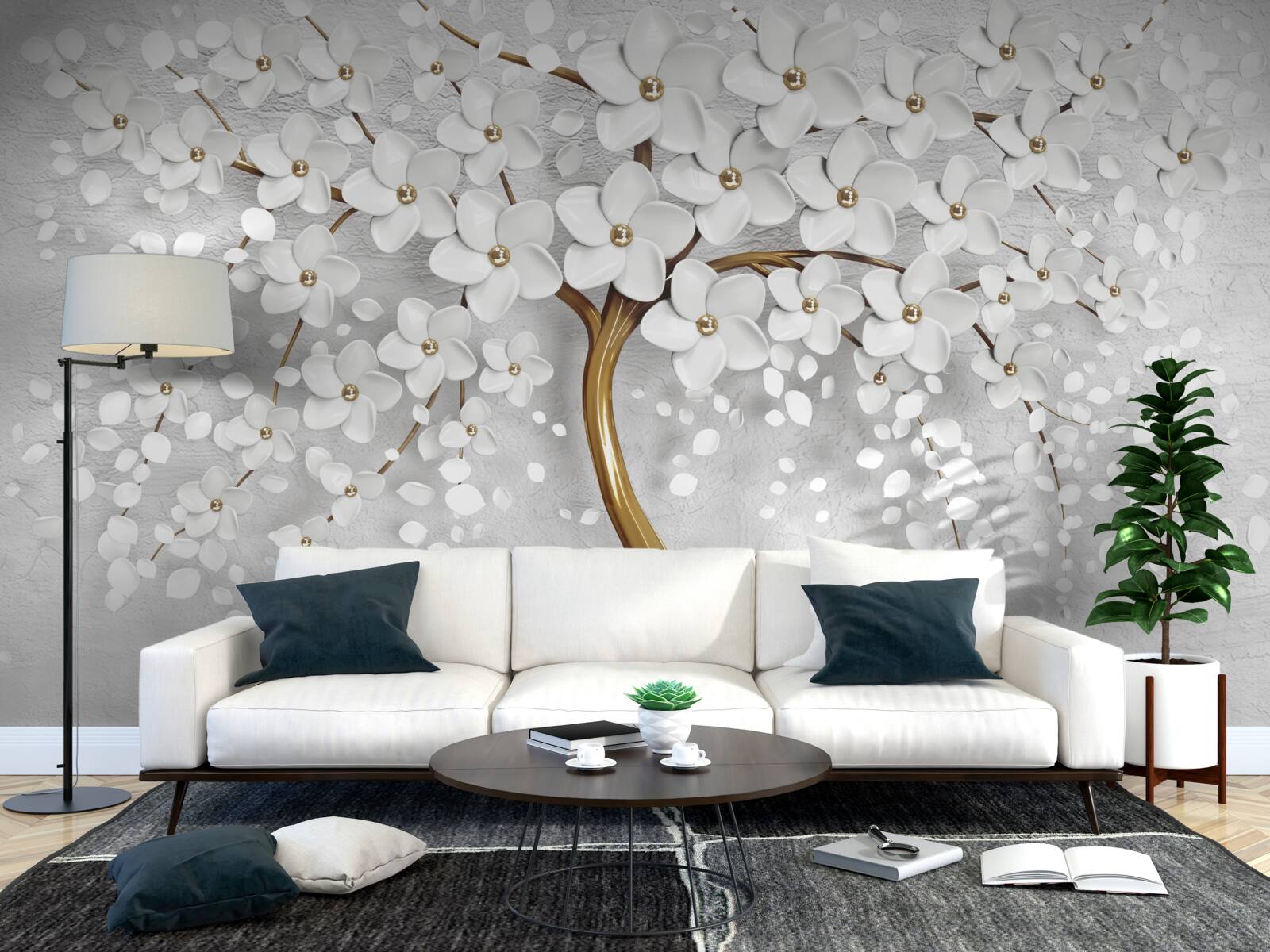 Фотошпалери дерево з білими квітами і струнким стовбуром