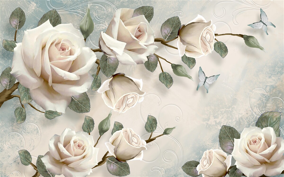 Фотошпалери метелики на гілках прекрасної білої троянди