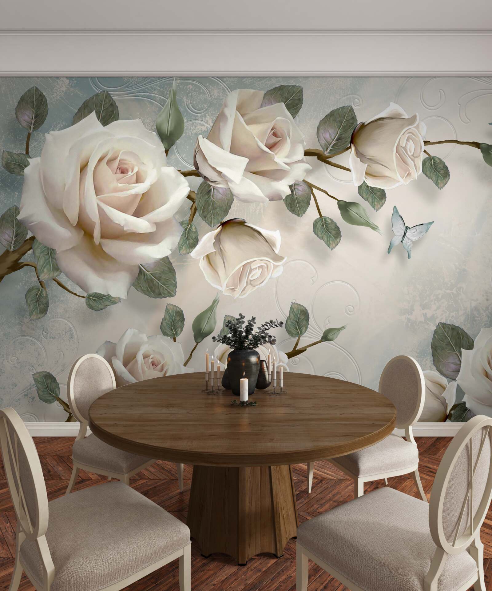 Фотошпалери метелики на гілках прекрасної білої троянди