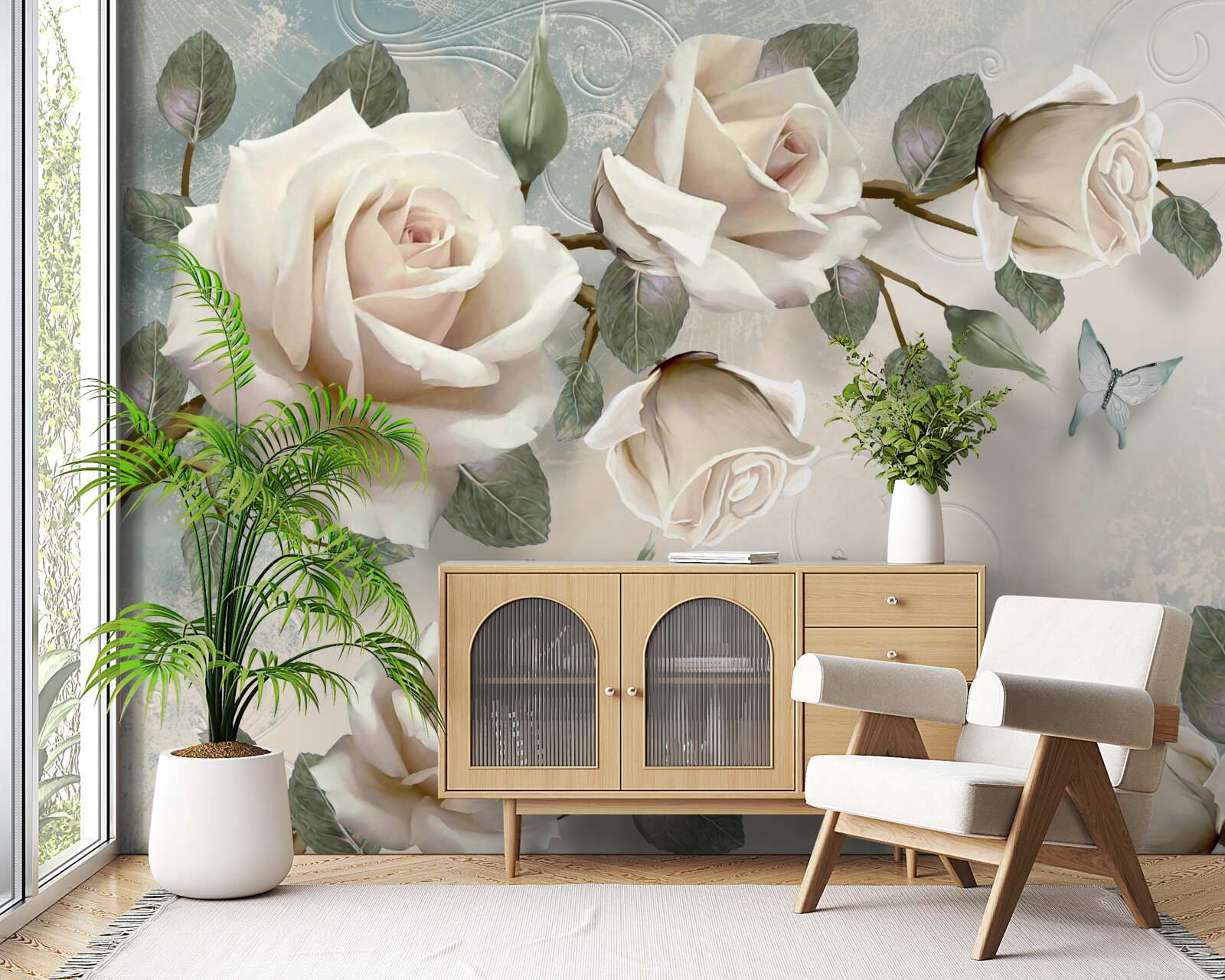 Фотошпалери метелики на гілках прекрасної білої троянди