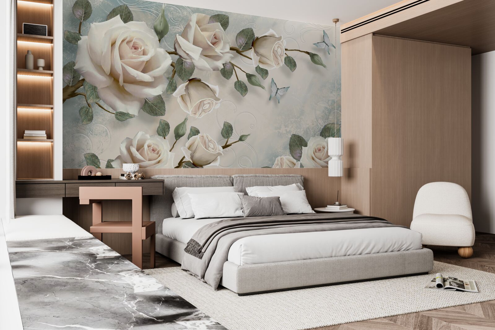 Фотошпалери метелики на гілках прекрасної білої троянди