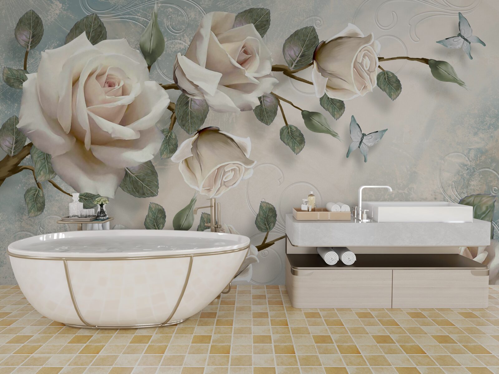 Фотошпалери метелики на гілках прекрасної білої троянди