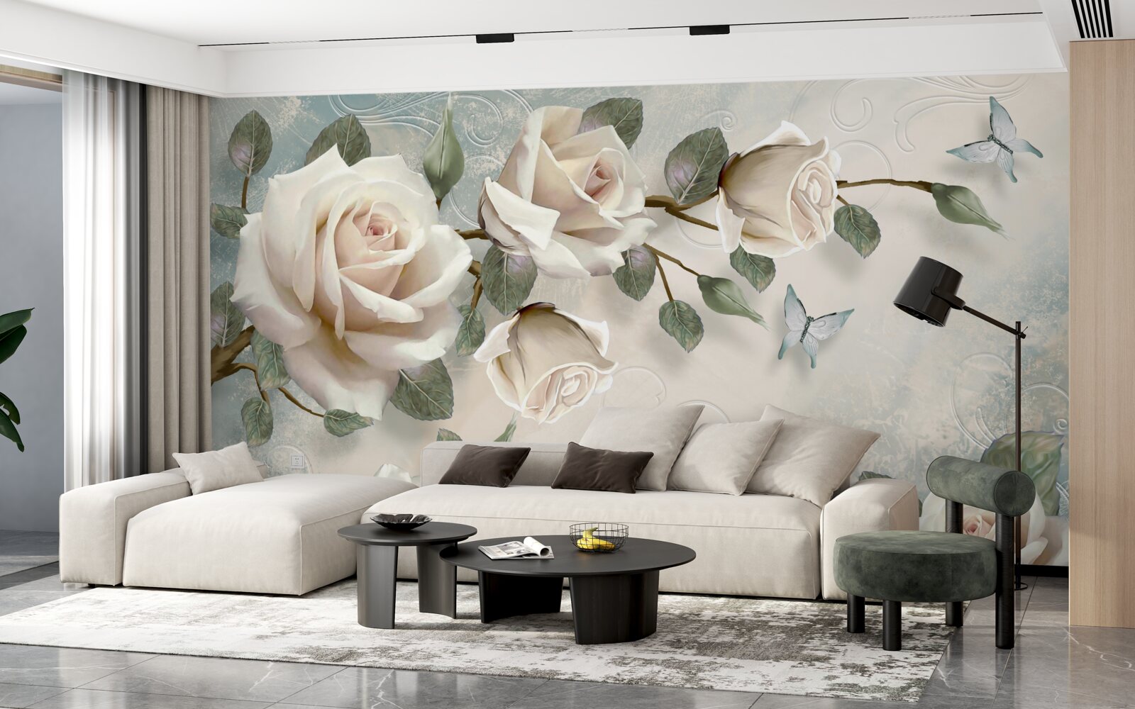 Фотошпалери метелики на гілках прекрасної білої троянди