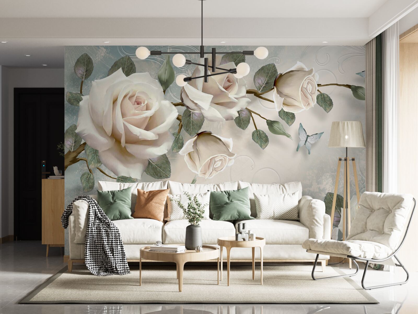 Фотошпалери метелики на гілках прекрасної білої троянди