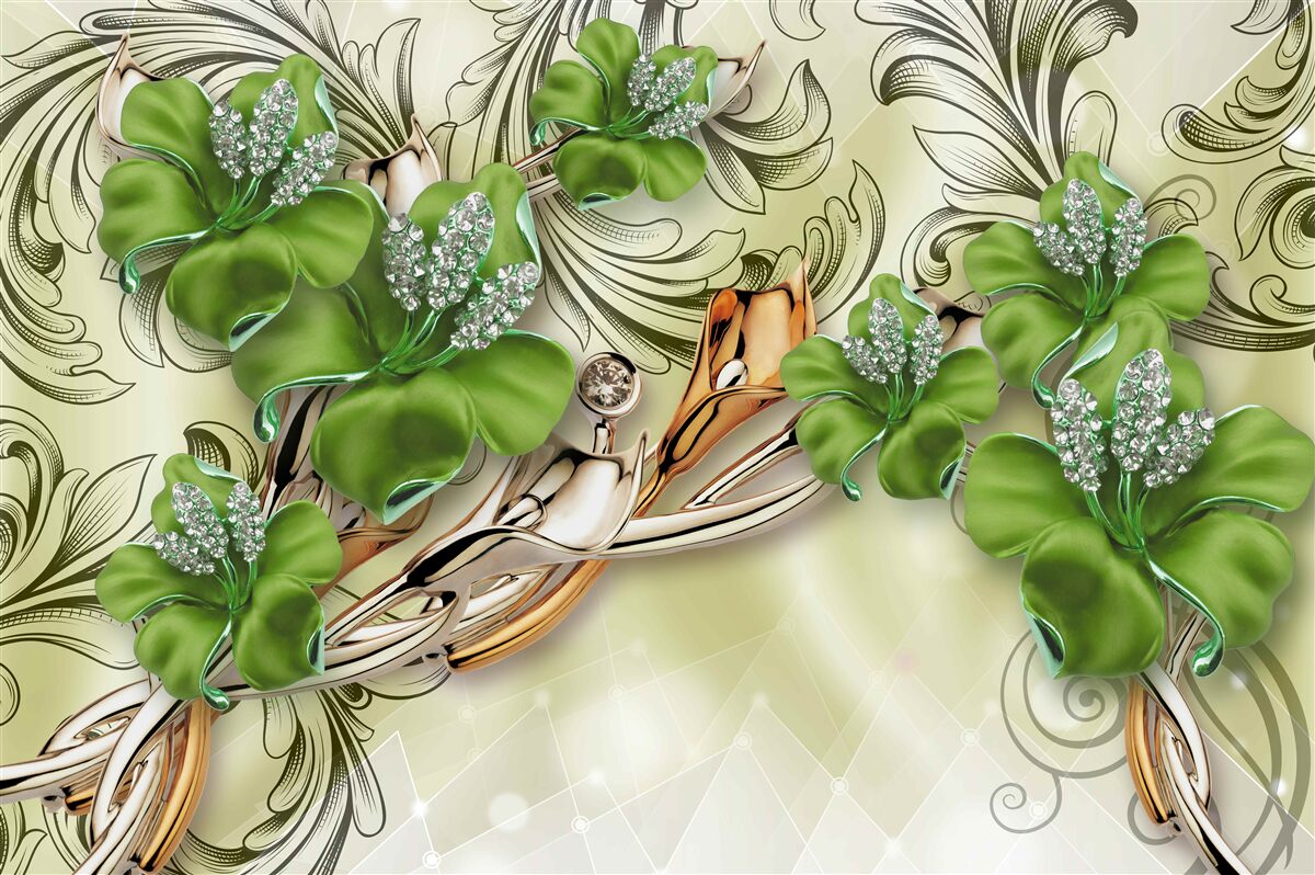 Фотошпалери квіти зелені, прикрашені перлами та золотом