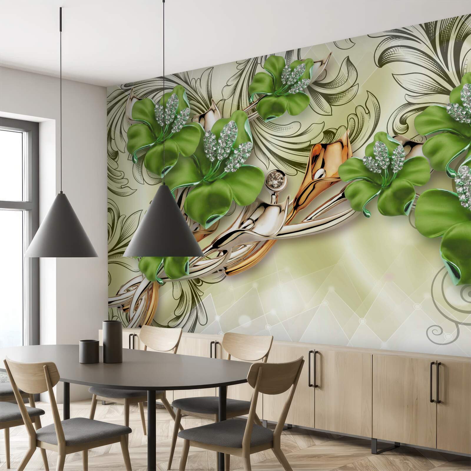 Фотошпалери квіти зелені, прикрашені перлами та золотом