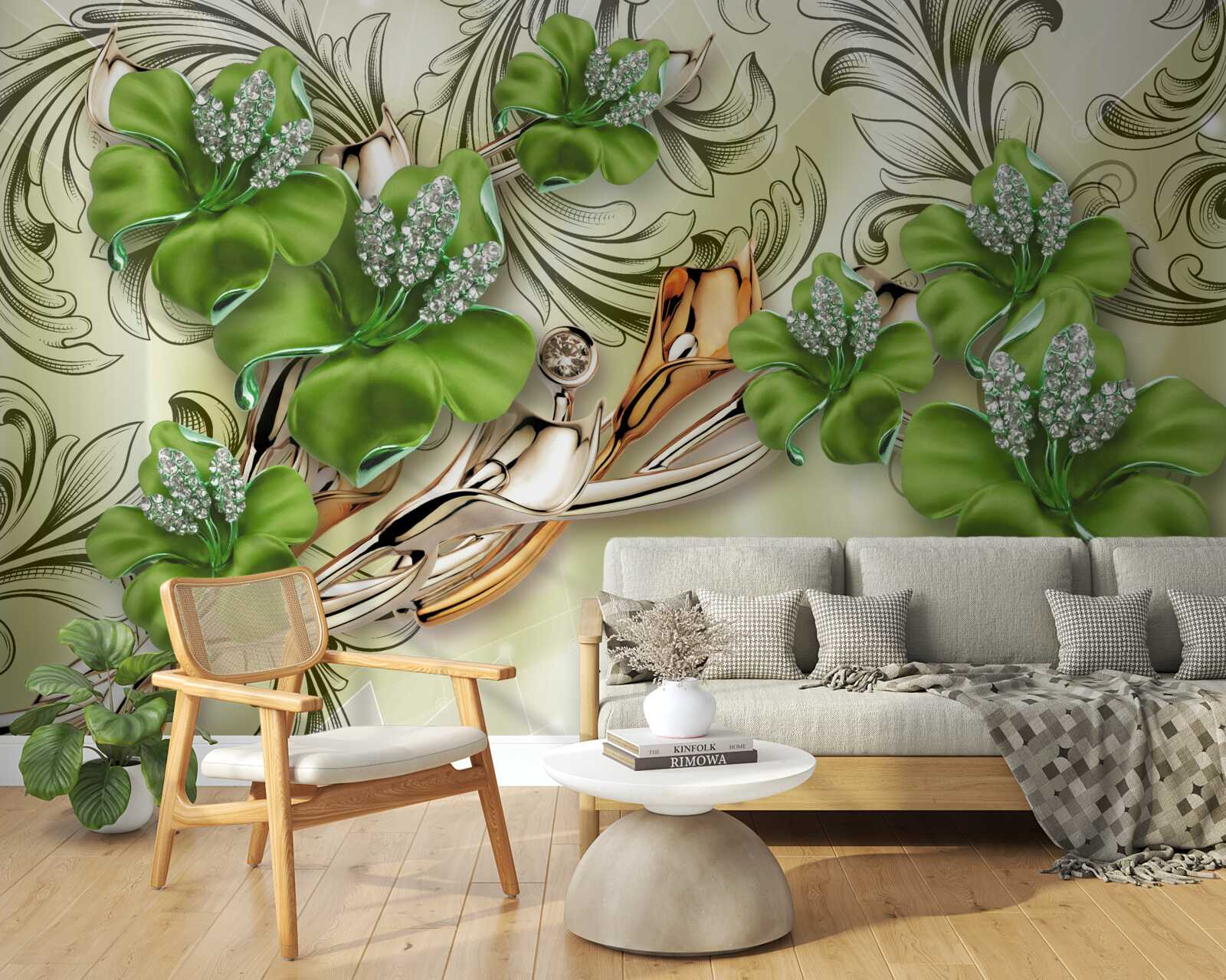 Фотошпалери квіти зелені, прикрашені перлами та золотом