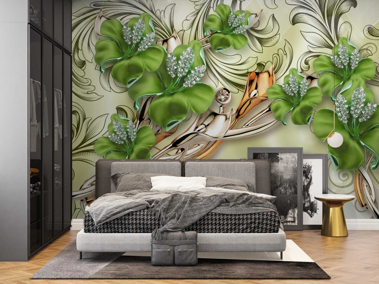 Фотошпалери квіти зелені, прикрашені перлами та золотом