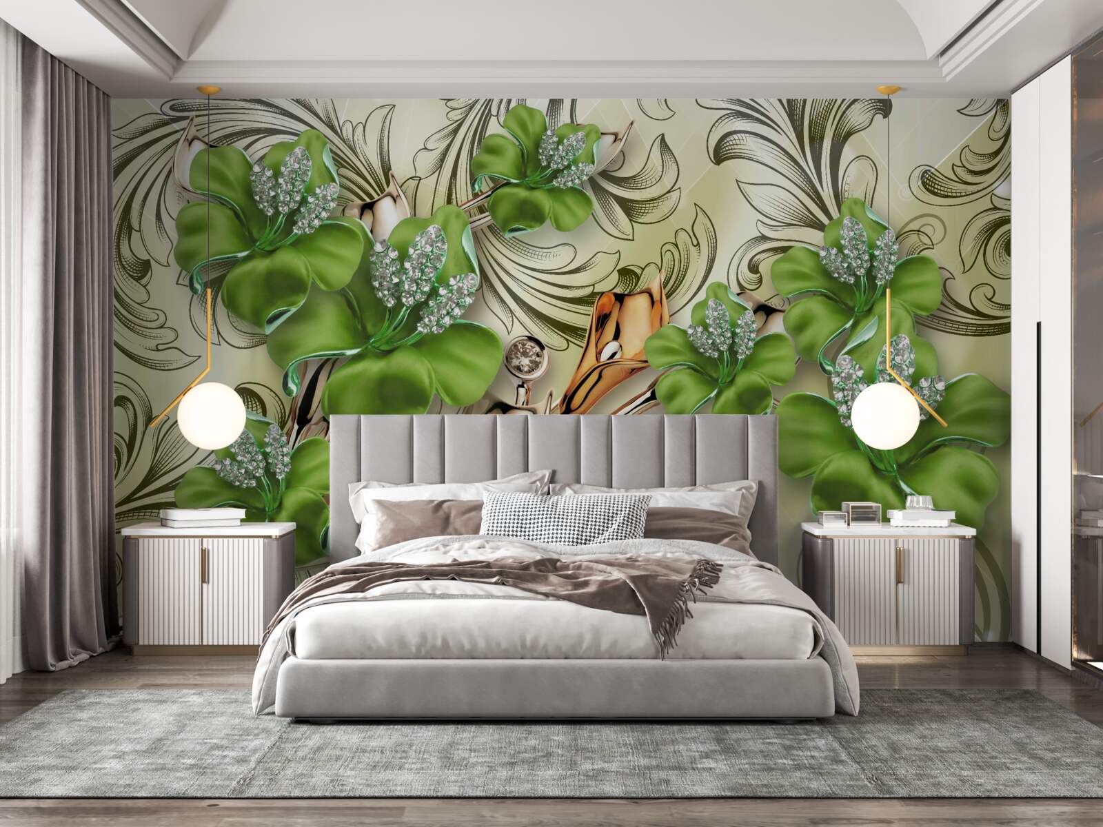 Фотошпалери квіти зелені, прикрашені перлами та золотом