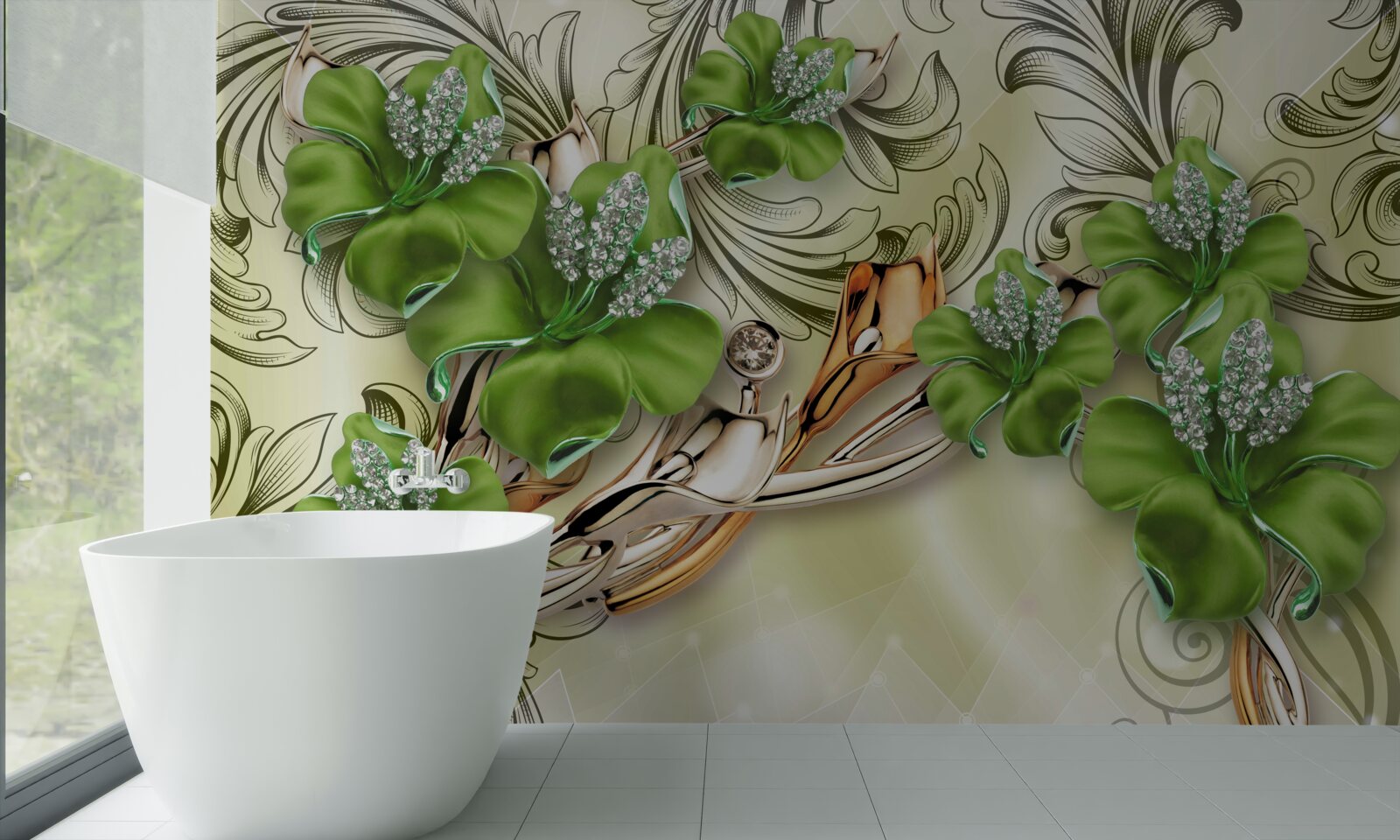 Фотошпалери квіти зелені, прикрашені перлами та золотом