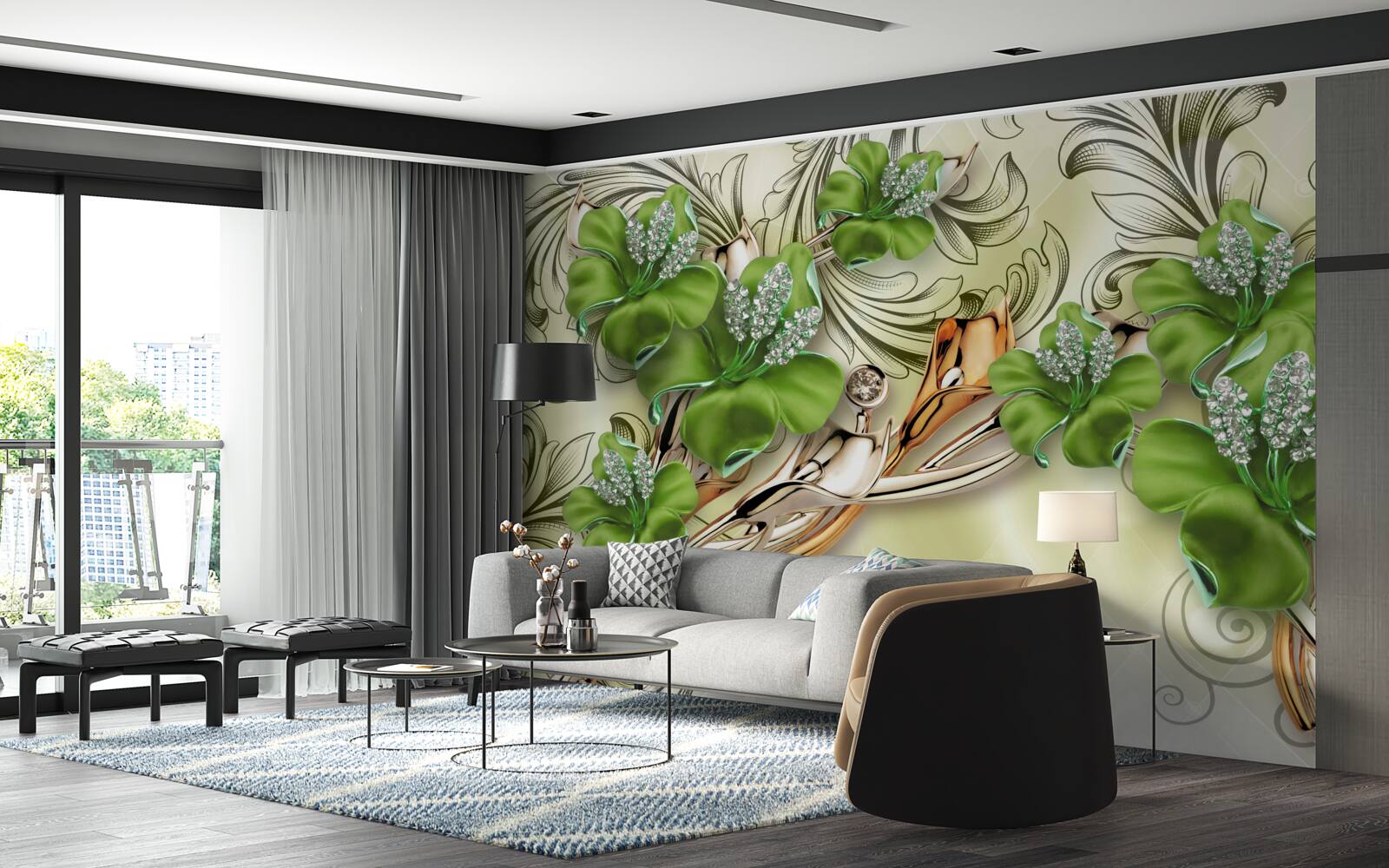 Фотошпалери квіти зелені, прикрашені перлами та золотом