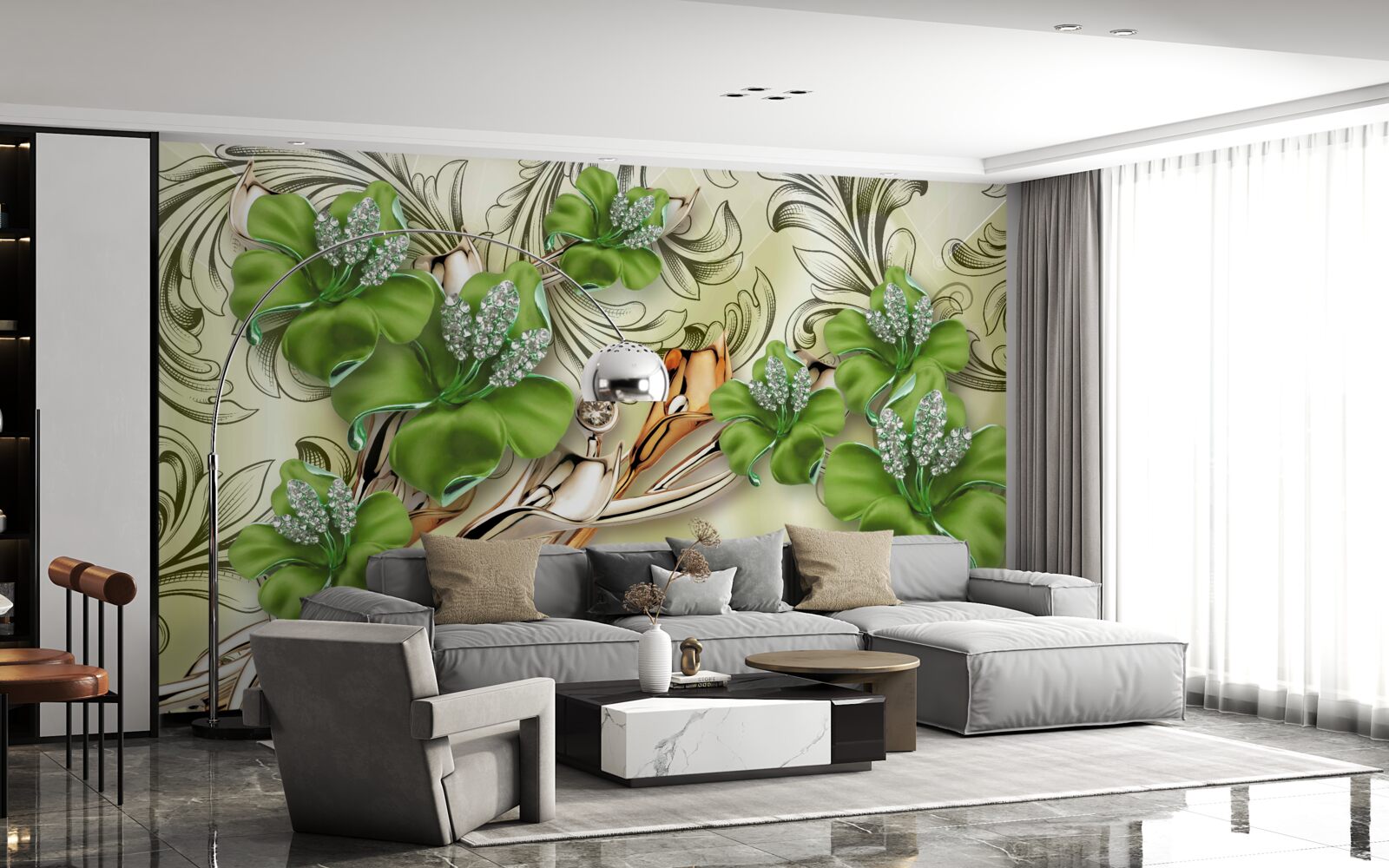 Фотошпалери квіти зелені, прикрашені перлами та золотом