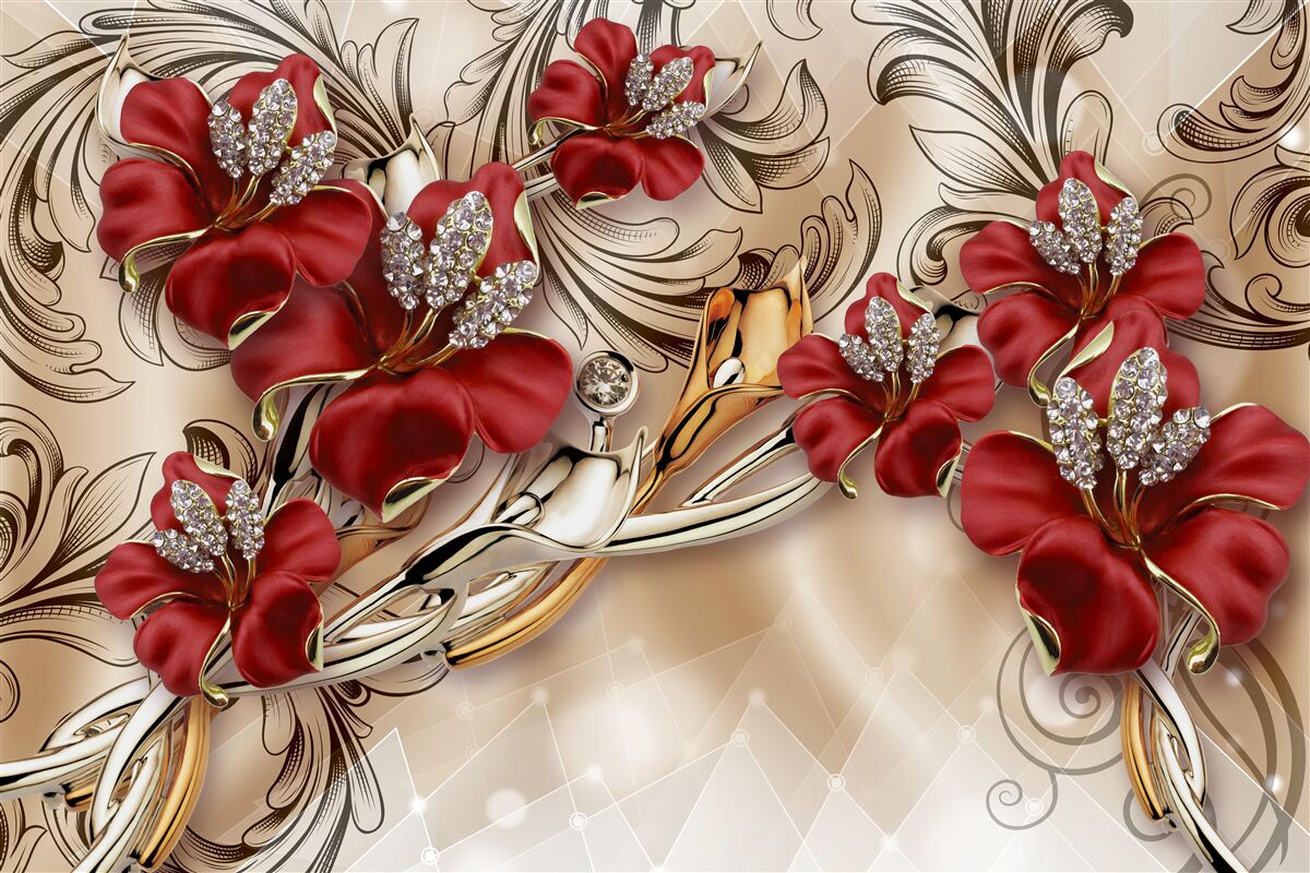 Фотошпалери золоті прикраси з червоними бутонами