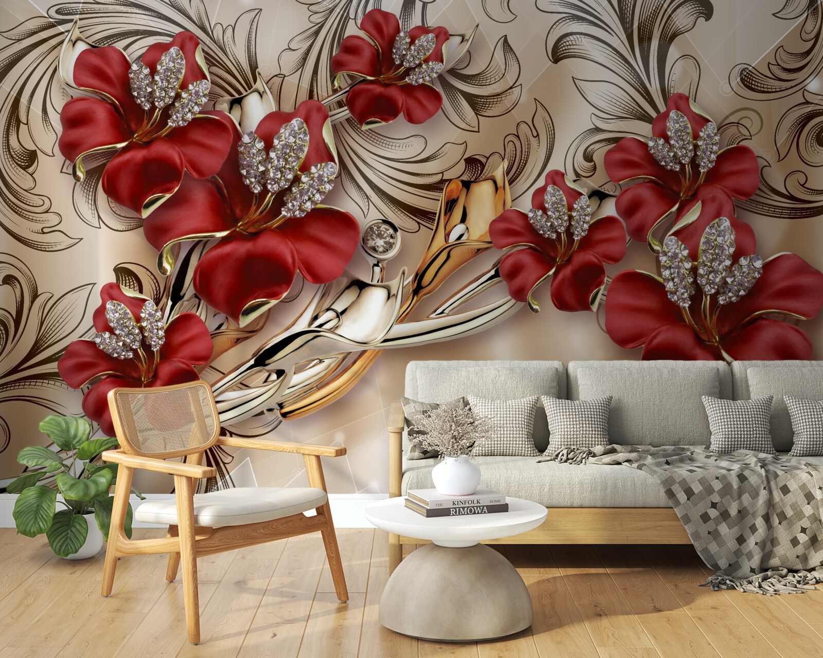 Фотошпалери золоті прикраси з червоними бутонами