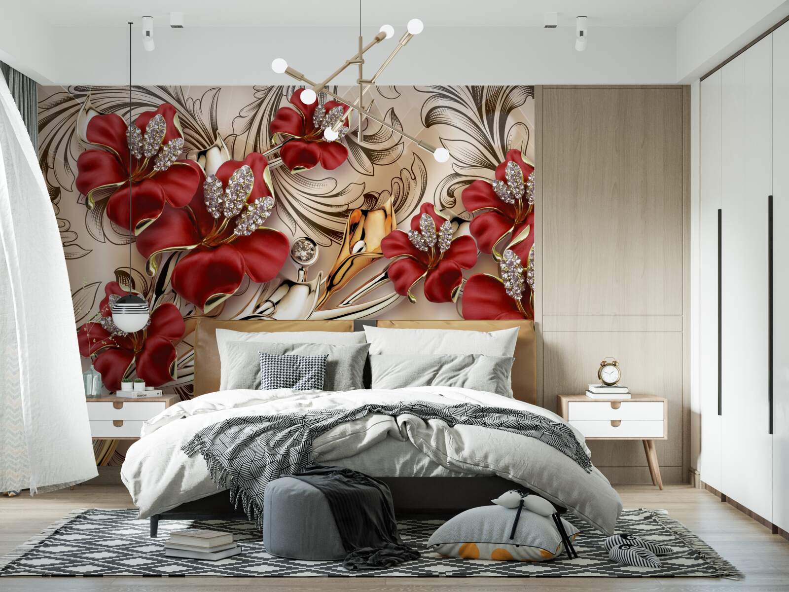 Фотошпалери золоті прикраси з червоними бутонами