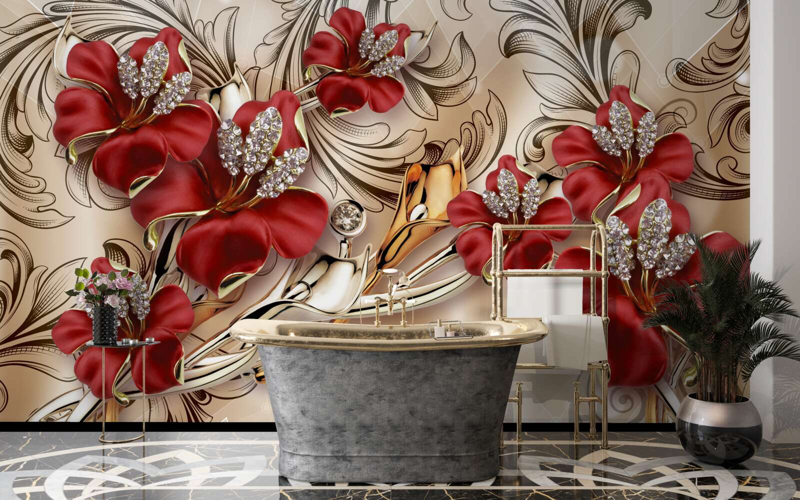 Фотошпалери золоті прикраси з червоними бутонами