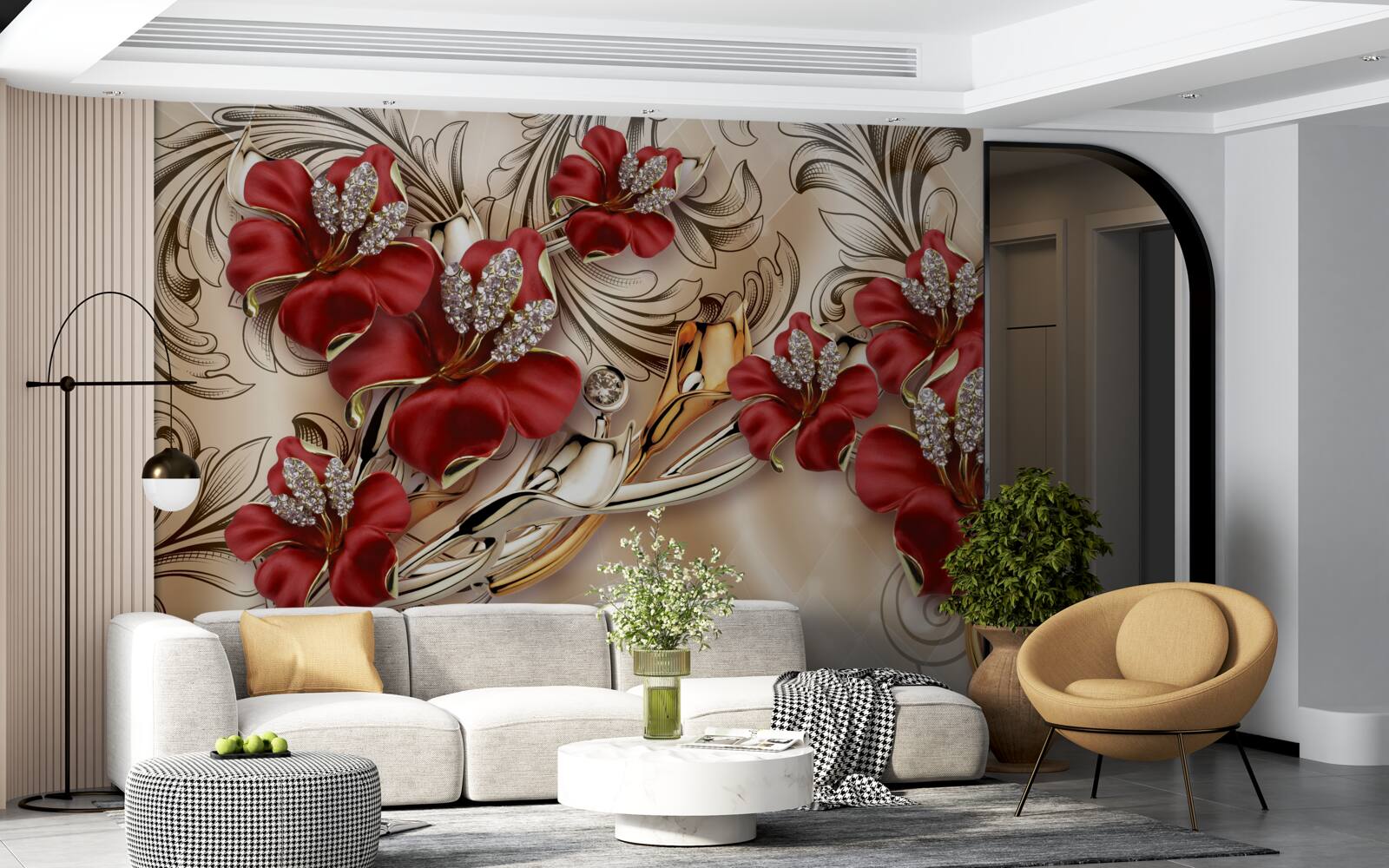 Фотошпалери золоті прикраси з червоними бутонами